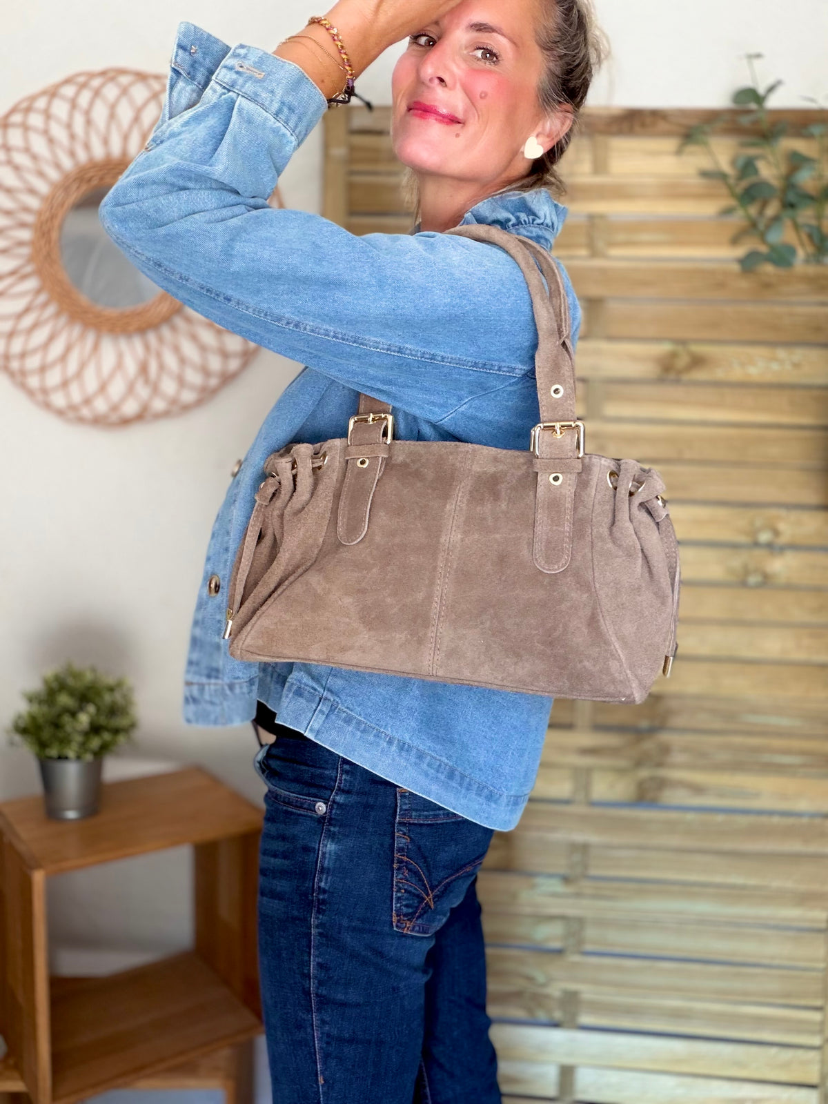 Sac à main en cuir daim GERY - Taupe