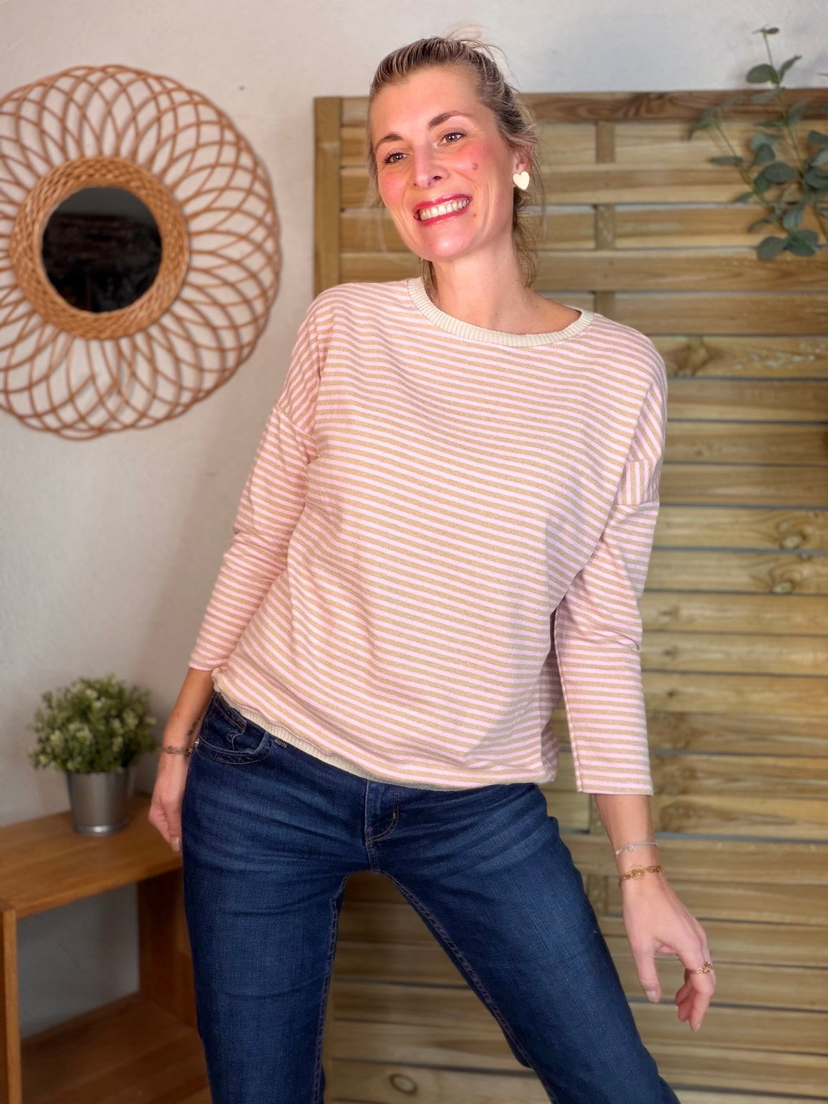 Pull fin rayé ample ROMANE - Rose/Taupe - FIN DE SÉRIE