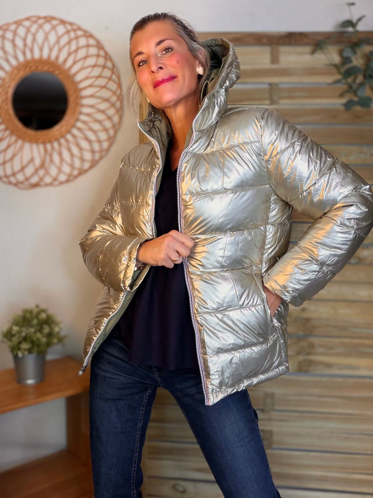 Doudoune imperméable réversible ANGÈLE COURT - Kaki clair - MELYA MELODY (DÉSTOCKAGE sur Taille S)