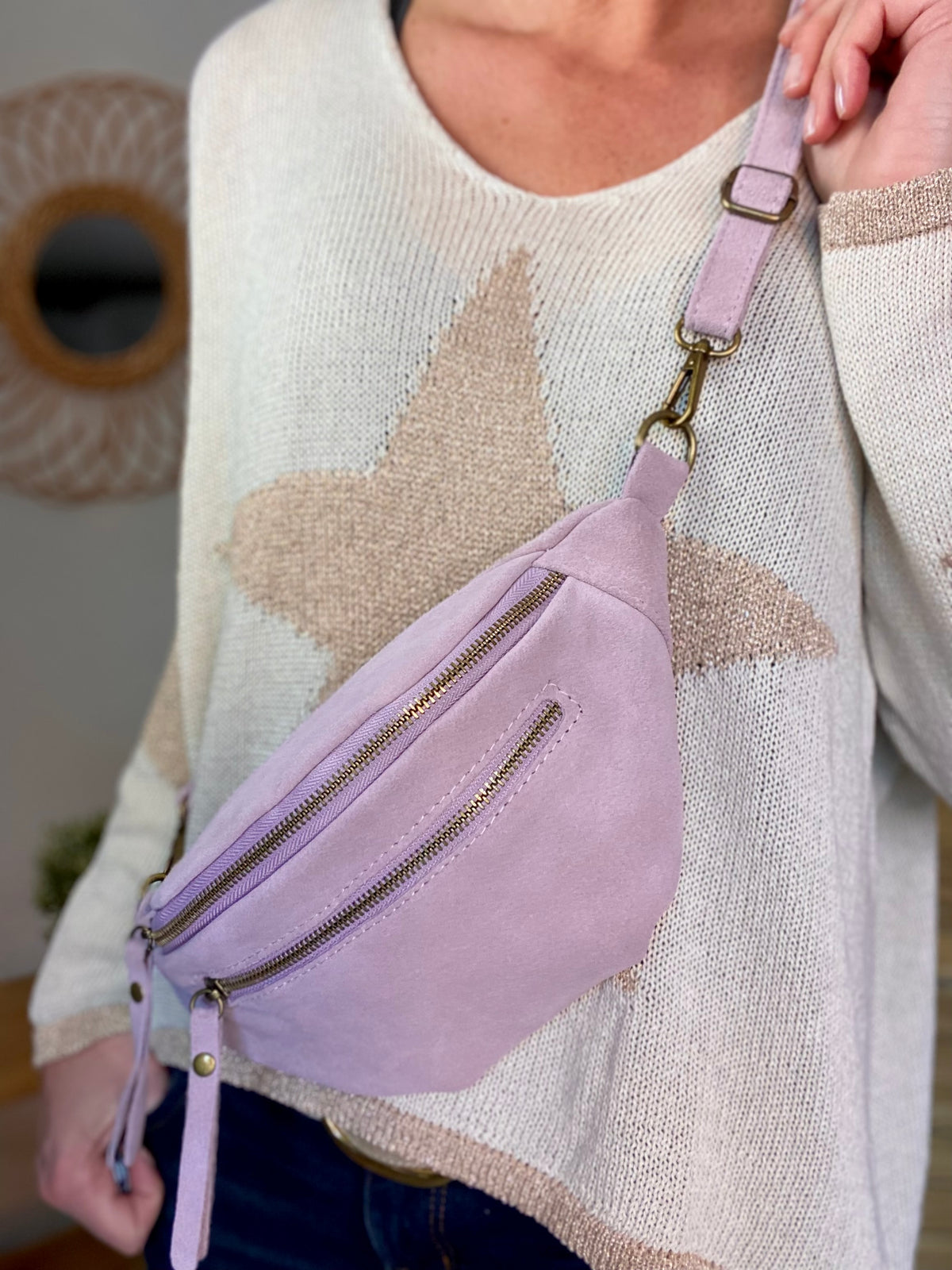 Sac banane double poche en cuir daim - OPALINE - Lilas