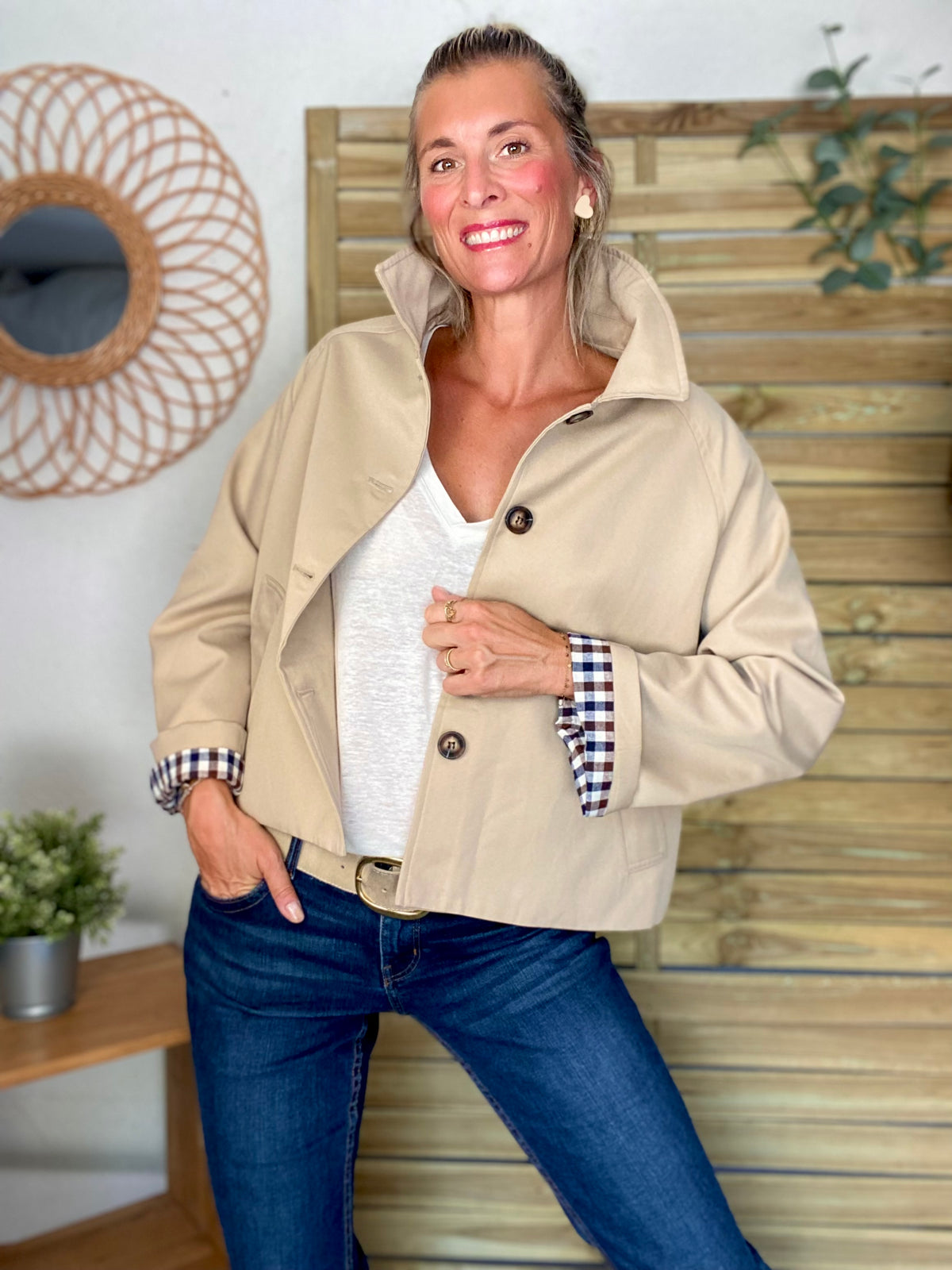 Veste Trench en coton, revers carreaux - YSEULT court Beige