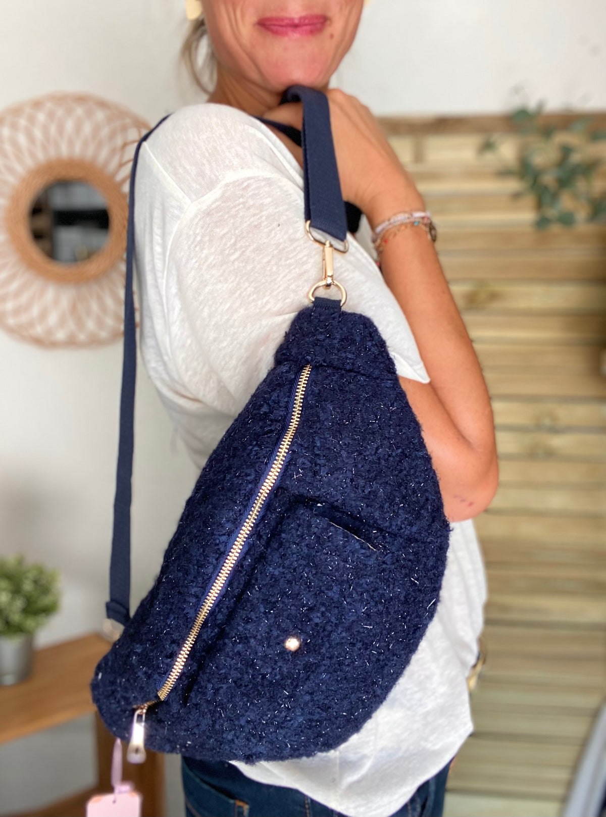 Sac banane XL moumoute lurex avec poche avant - CHELSEA - Marine - FIN DE SÉRIE