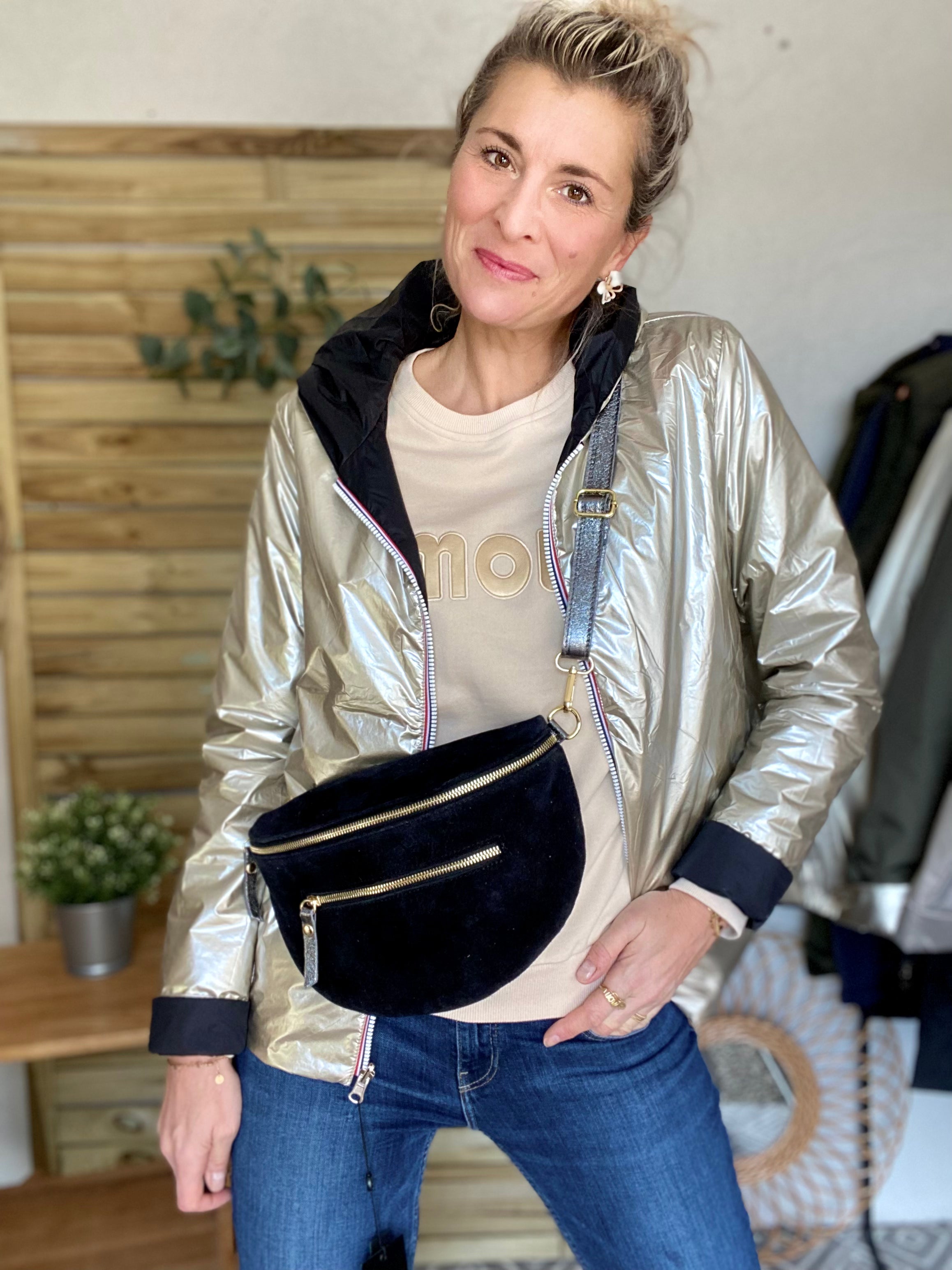 Sac banane XL 2 zips en cuir velours et irisé 30cm TERRY - Noir