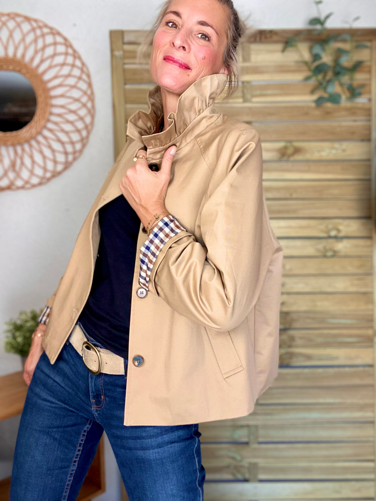 Veste Trench col victorien doublure carreaux - VICTORIA Beige Taupe