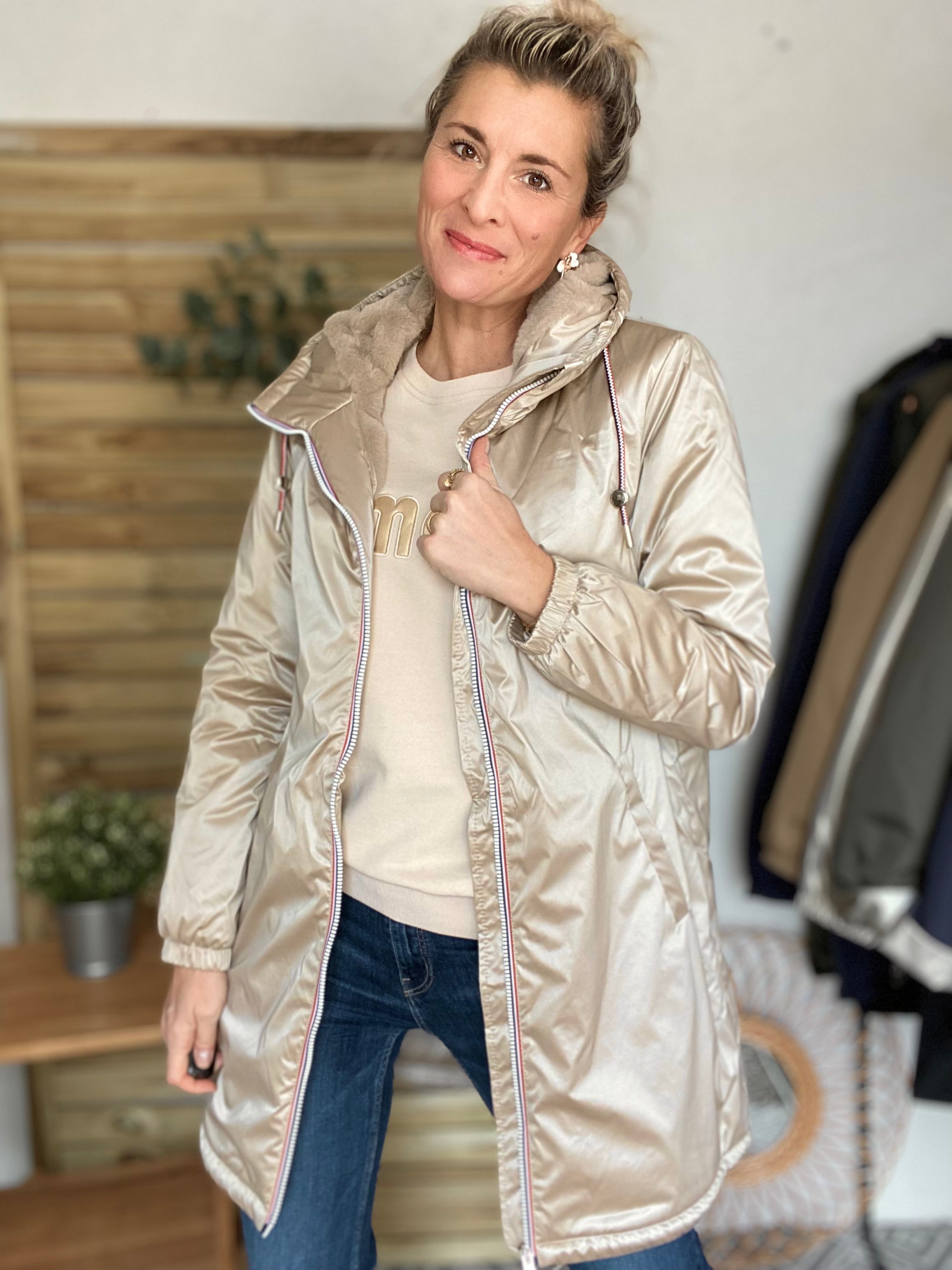 LAURA JO - Parka Imperméable THELMA LONG fourrée - Sable irisé • DÉSTOCKAGE sur Tailles S et 4XL