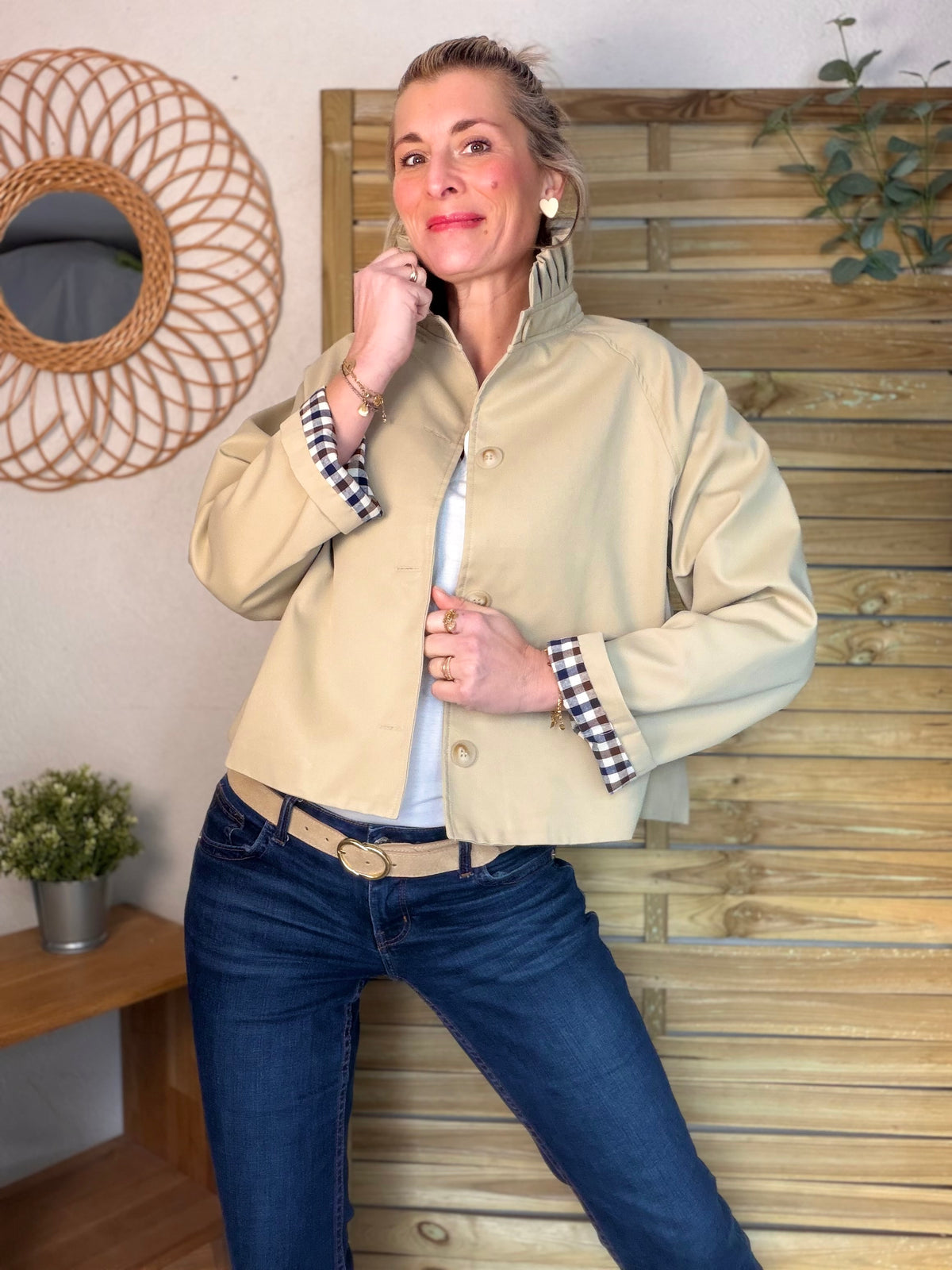 Veste Trench col victorien, revers carreaux - VICKY Beige