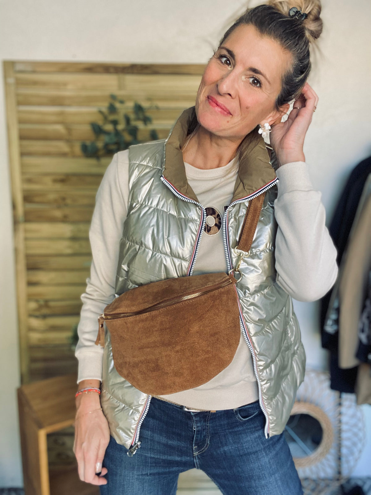 Sac banane XL en cuir velours 30cm JUDY - Camel