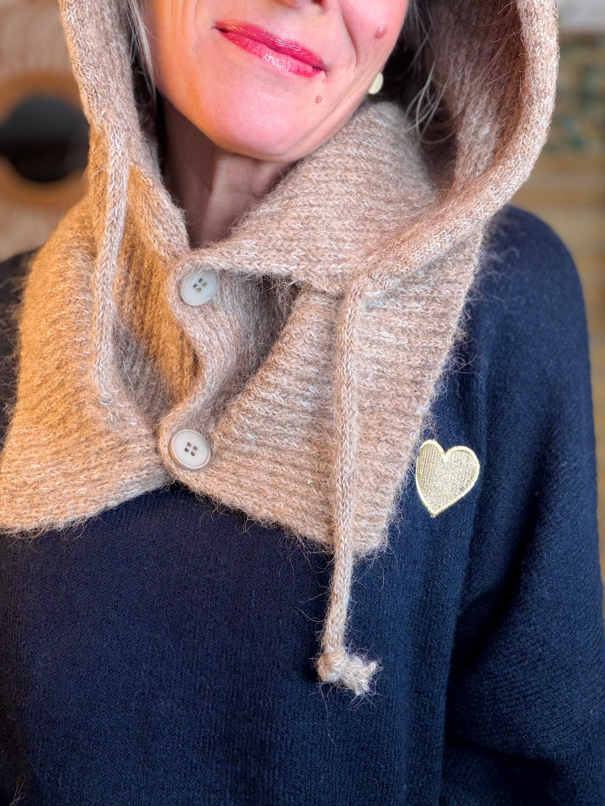 Col cagoule LORIE en maille avec boutons - Taupe