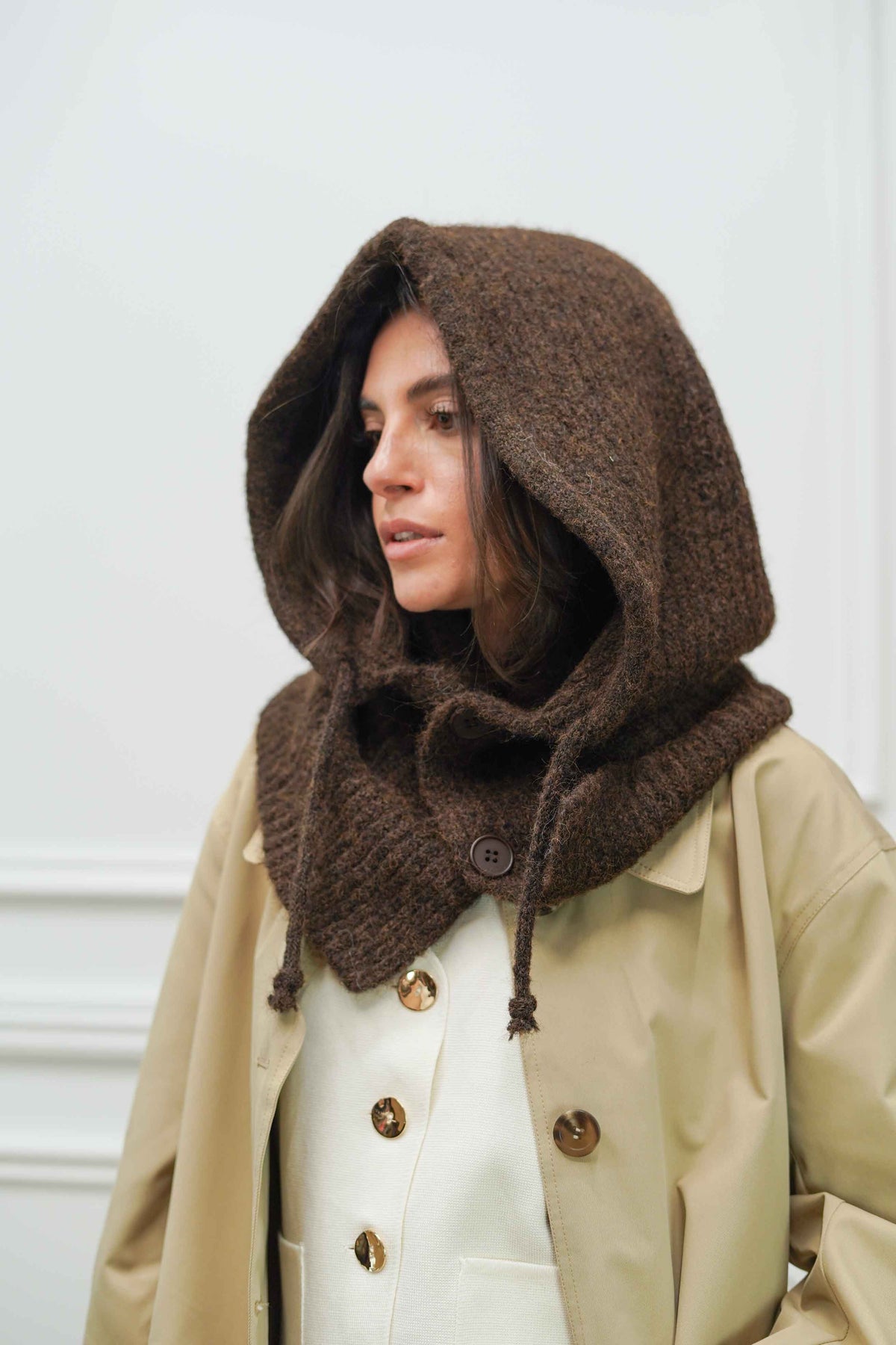 Col cagoule LORIE en maille avec boutons - Chocolat