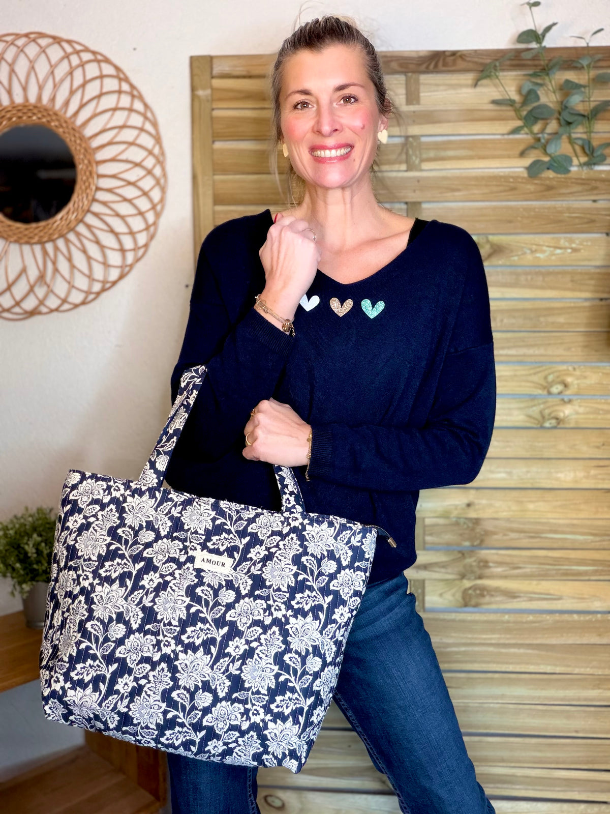 Sac cabas imprimé PIERCE - fleuri marine - FIN DE SÉRIE