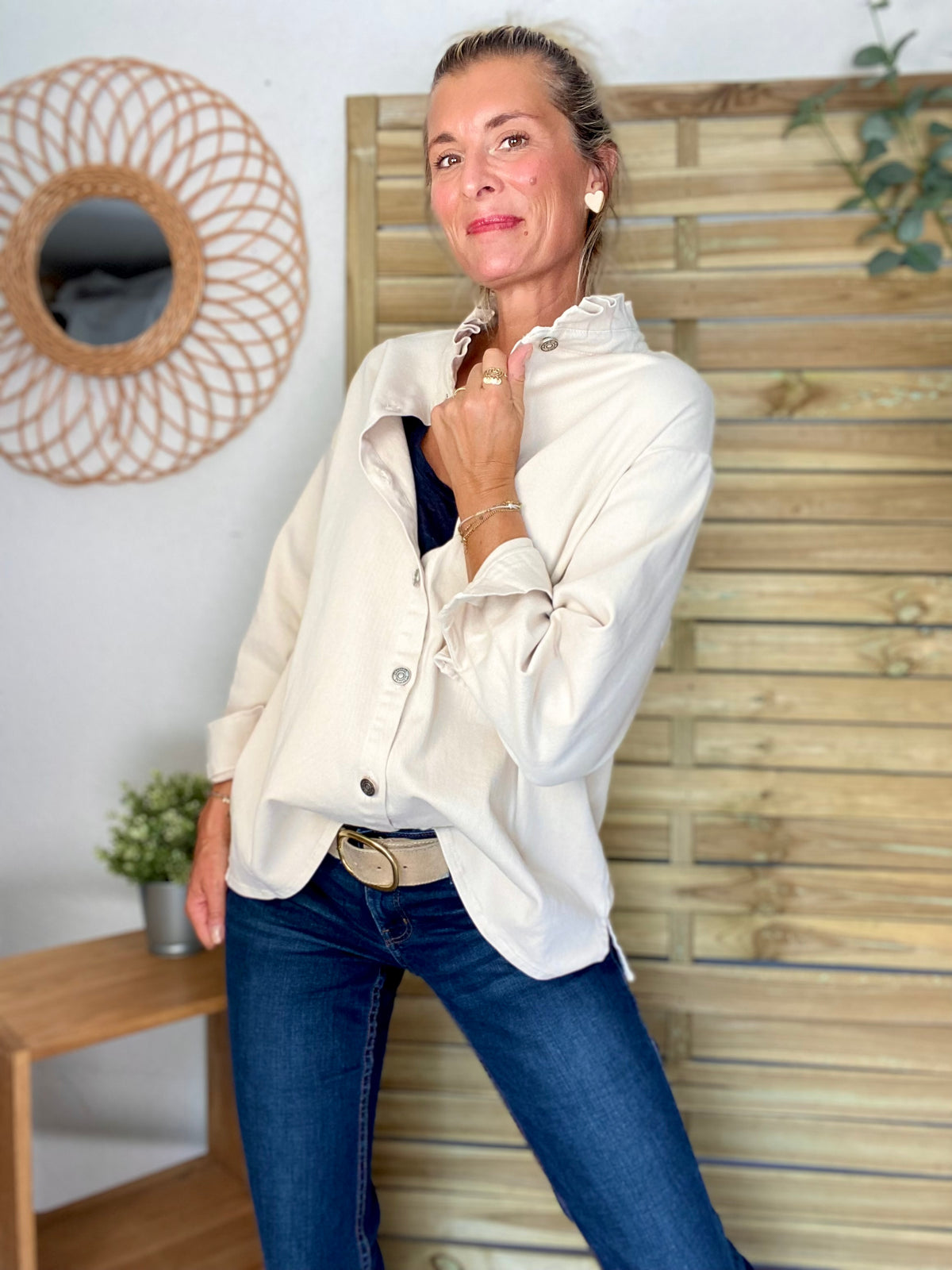 Veste / Chemise en coton, col victorien volanté Beige clair LISON