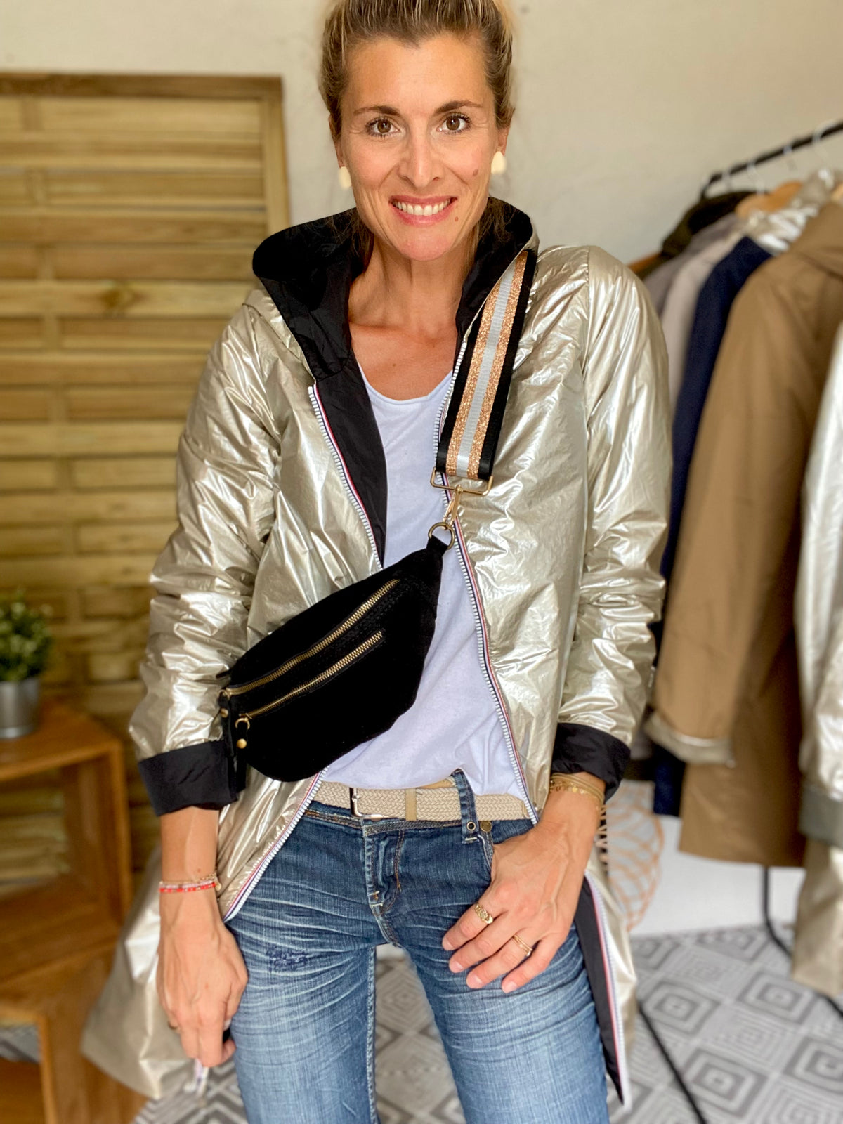 Sac banane double poche en cuir daim - OPALINE - Noir