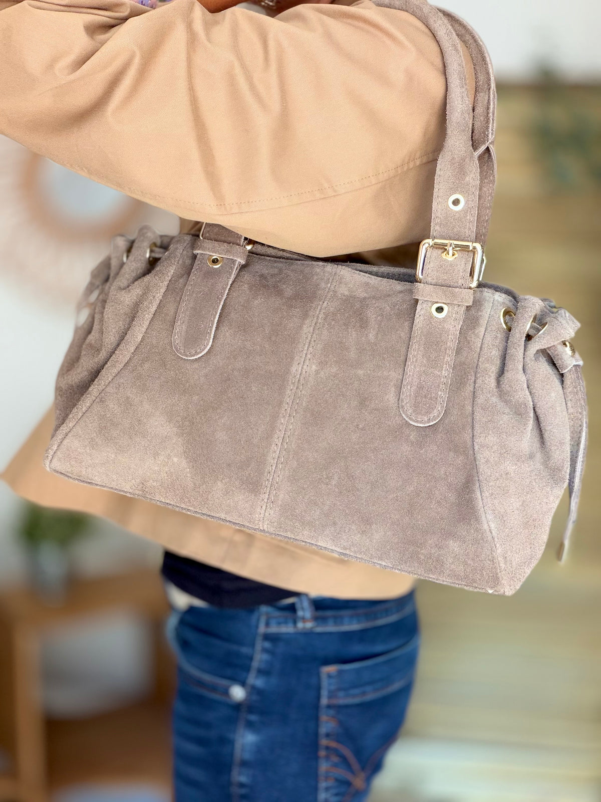 Sac à main en cuir daim GERY - Taupe