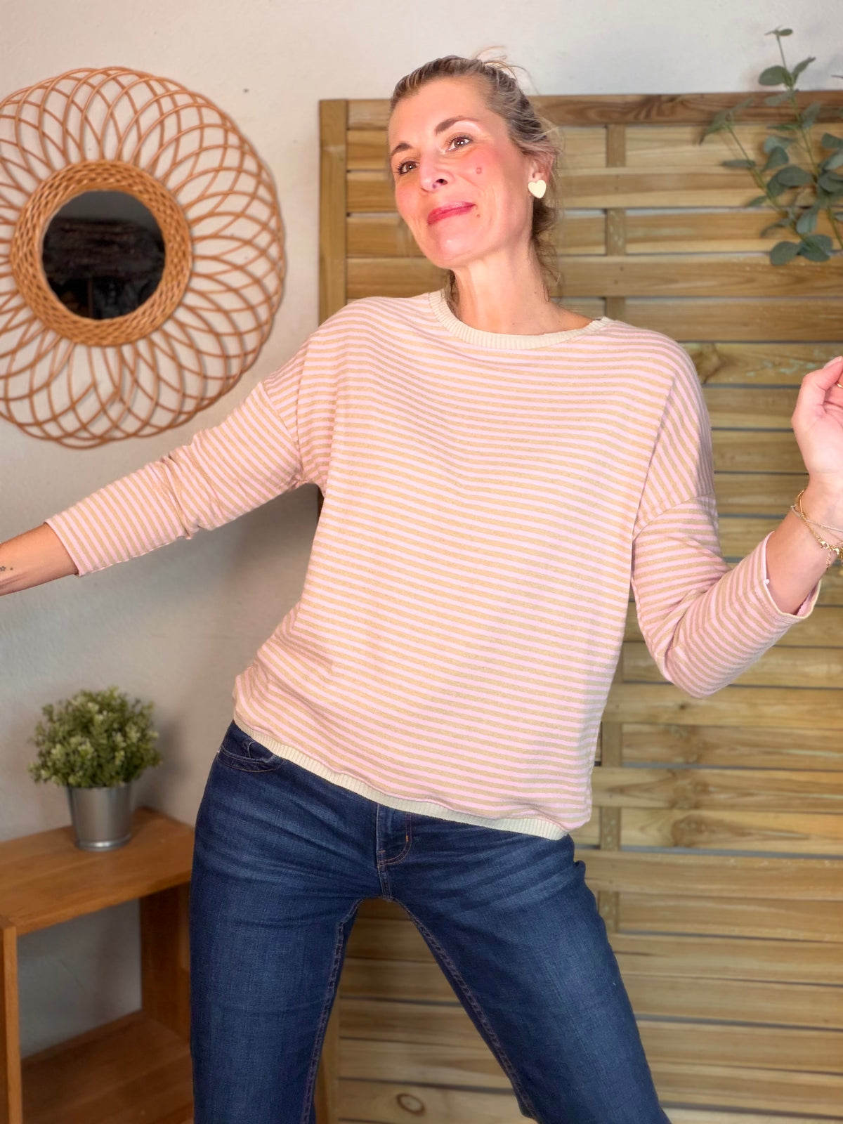 Pull fin rayé ample ROMANE - Rose/Taupe - FIN DE SÉRIE