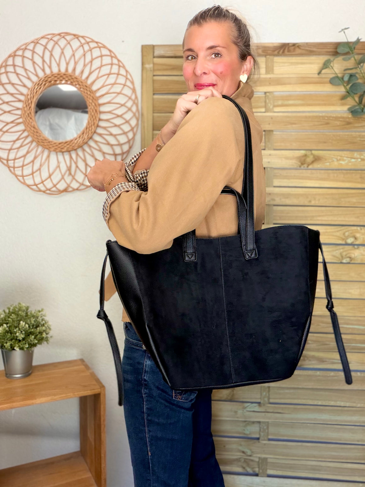 Grand Sac cabas 2 en 1 en simili daim - LAURÈNE Noir