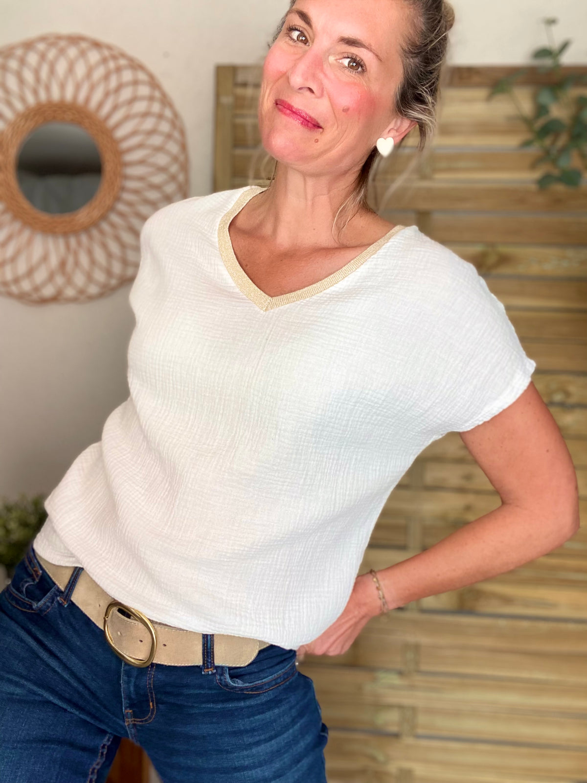 Top en gaze de coton et lurex MARTA - Blanc