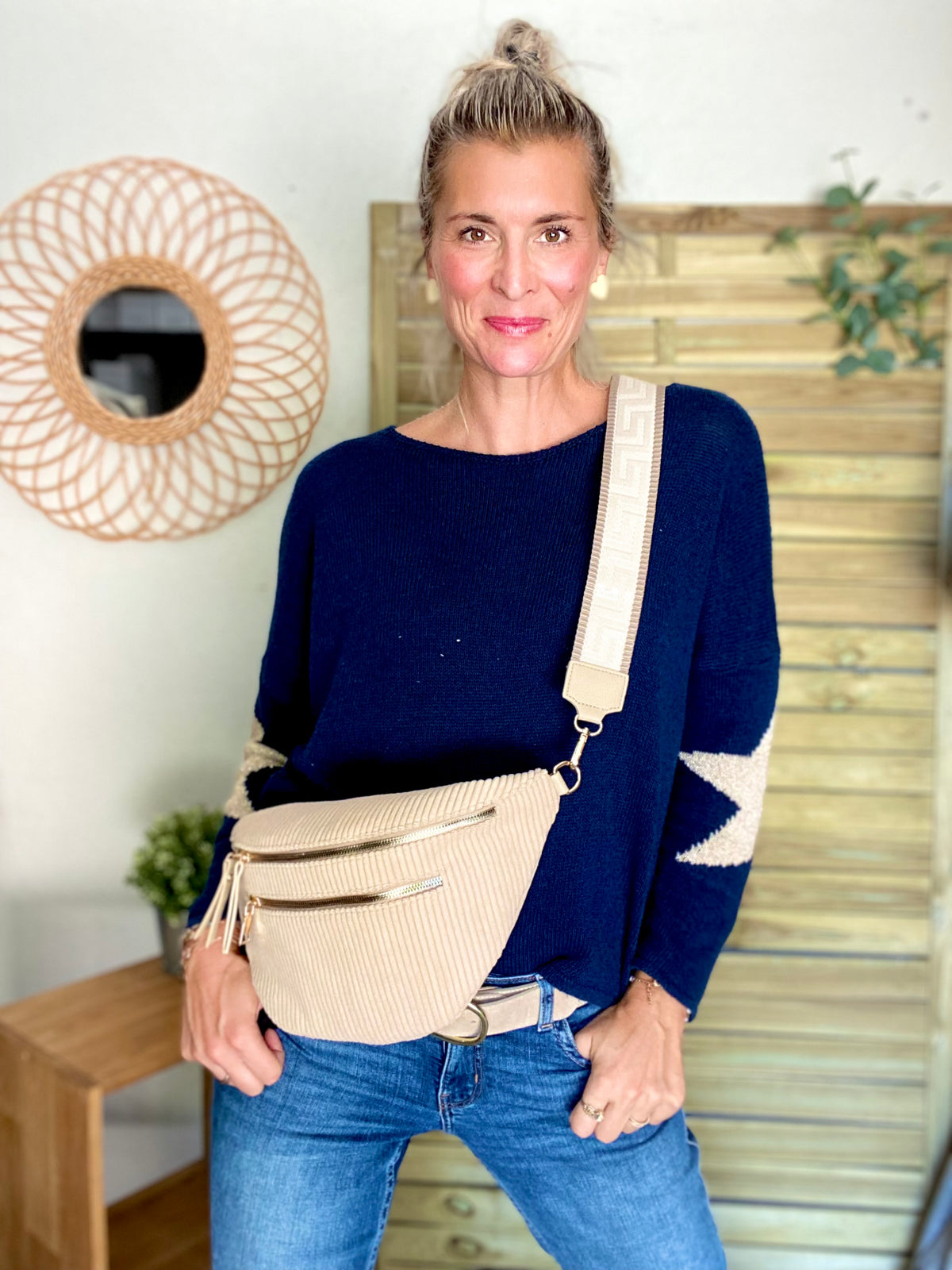 Sac banane XL en velours côtelé 2 zips et sangle fantaisie - WENDY - Beige