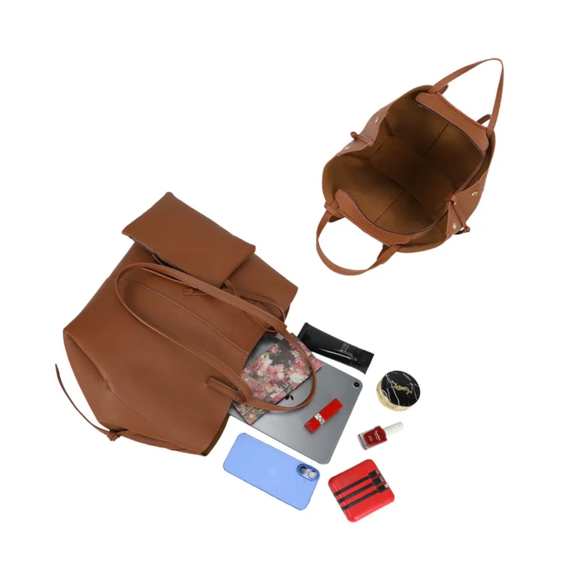 Grand Sac cabas 2 en 1 en simili cuir grainé - PAULE Camel grainé