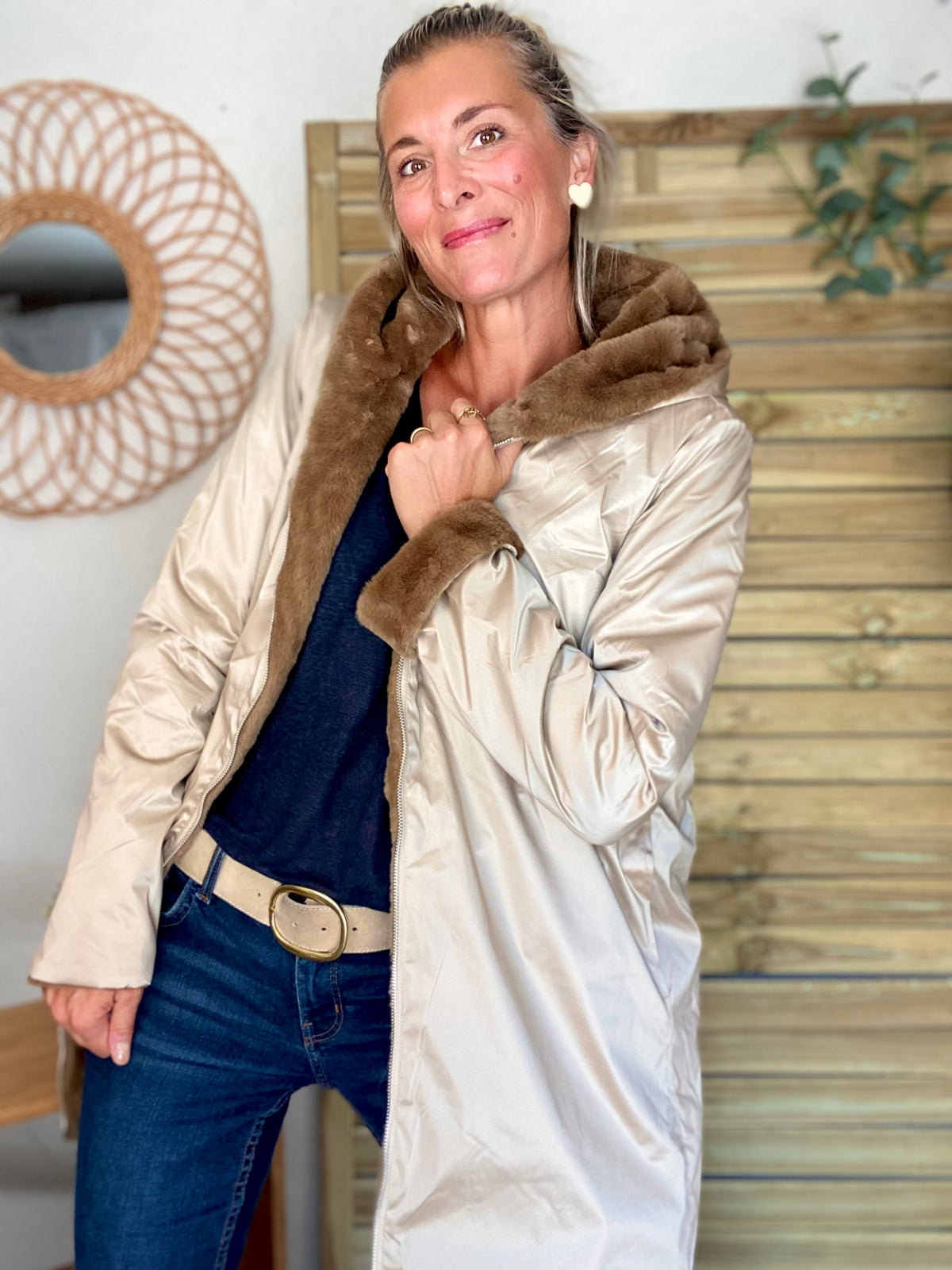 LAURA JO - Parka Imperméable réversible fourrée Sable irisé / Camel ALIX Long