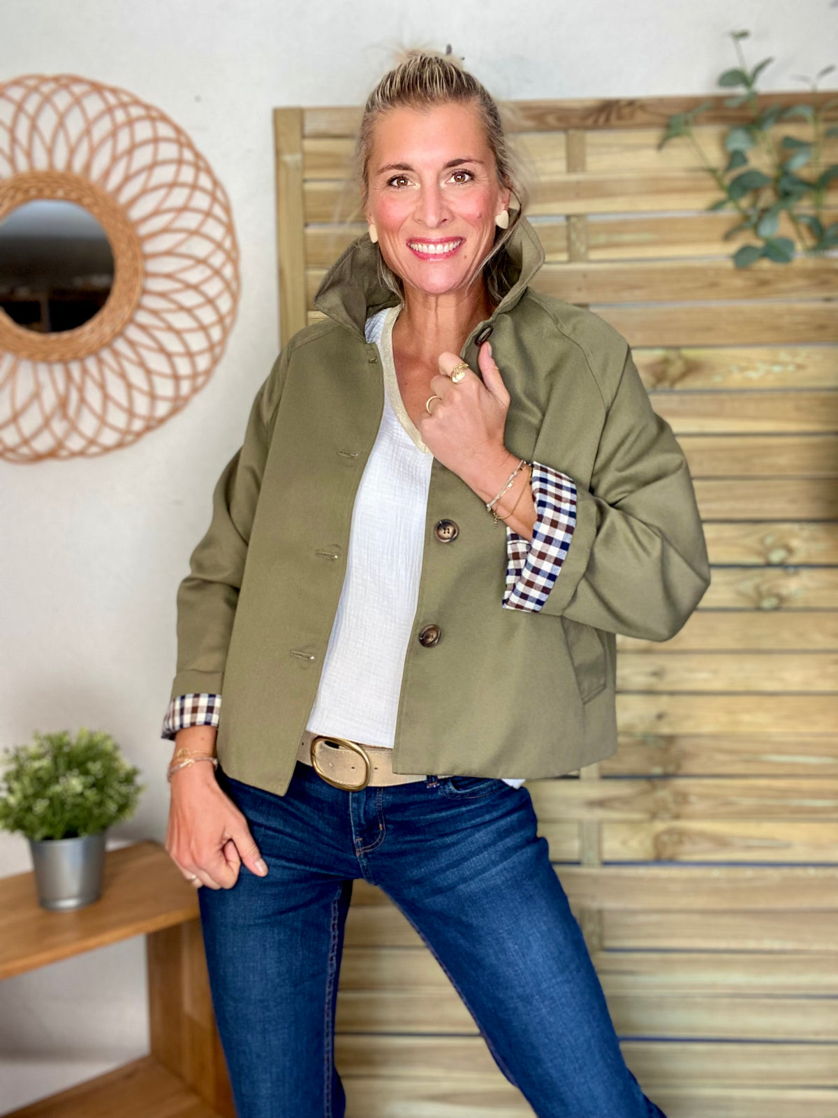 Veste Trench en coton, revers carreaux - YSEULT court Kaki