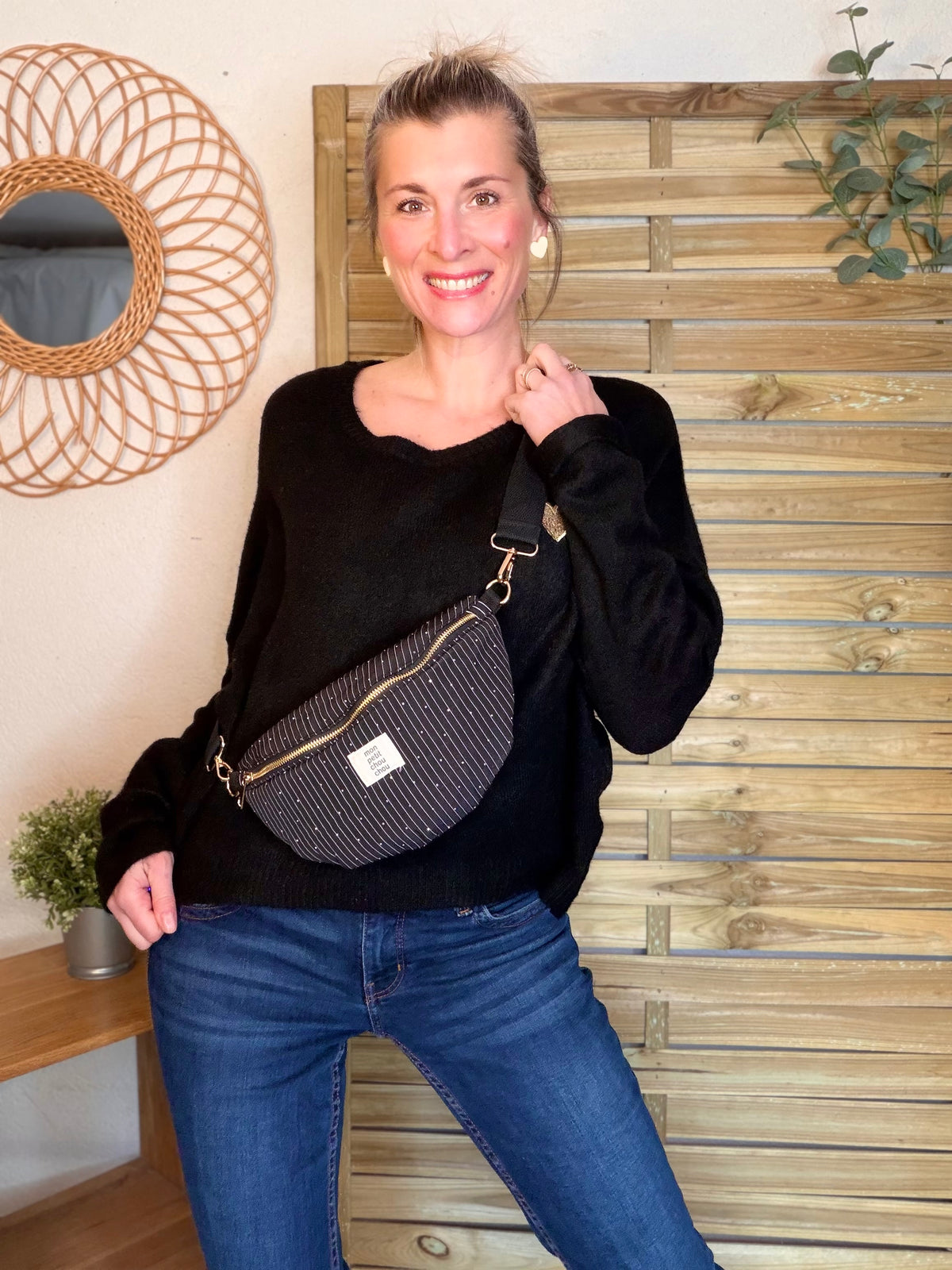 Sac banane avec strass BONNIE - Rayée noir