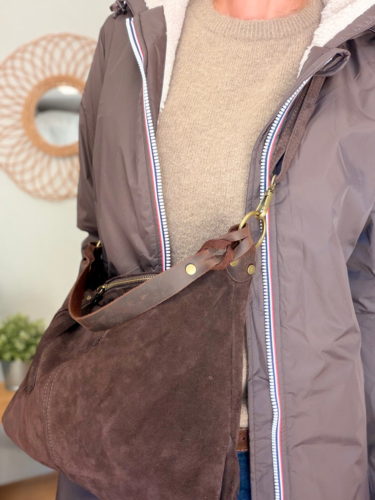 Sac hobo en cuir daim souple, double bandoulière ANDREW Chocolat