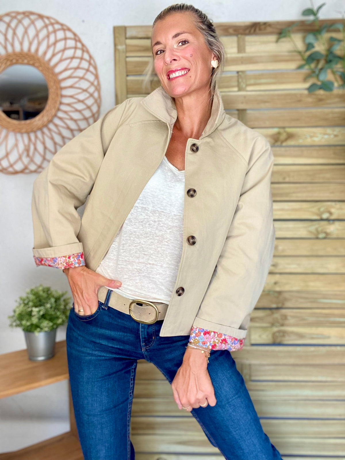 Veste Trench en coton beige avec Liberty - MAHAUT - LILI et LALA
