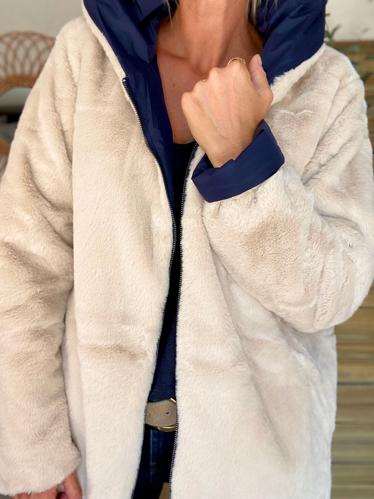 LAURA JO - Parka Imperméable réversible fourrée Bleu marine / Beige ALIX Long