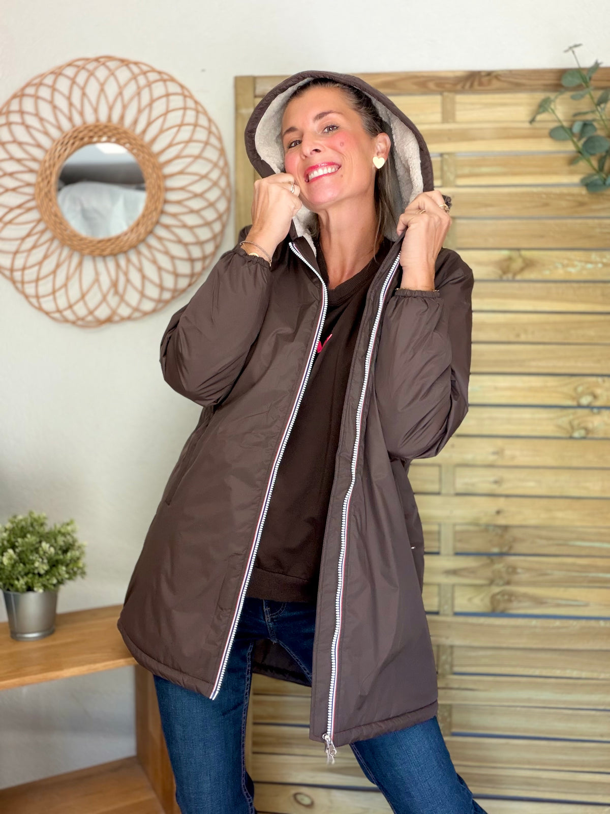 LAURA JO - Parka Imperméable LOUISE LONG Sherpa écru - Chocolat