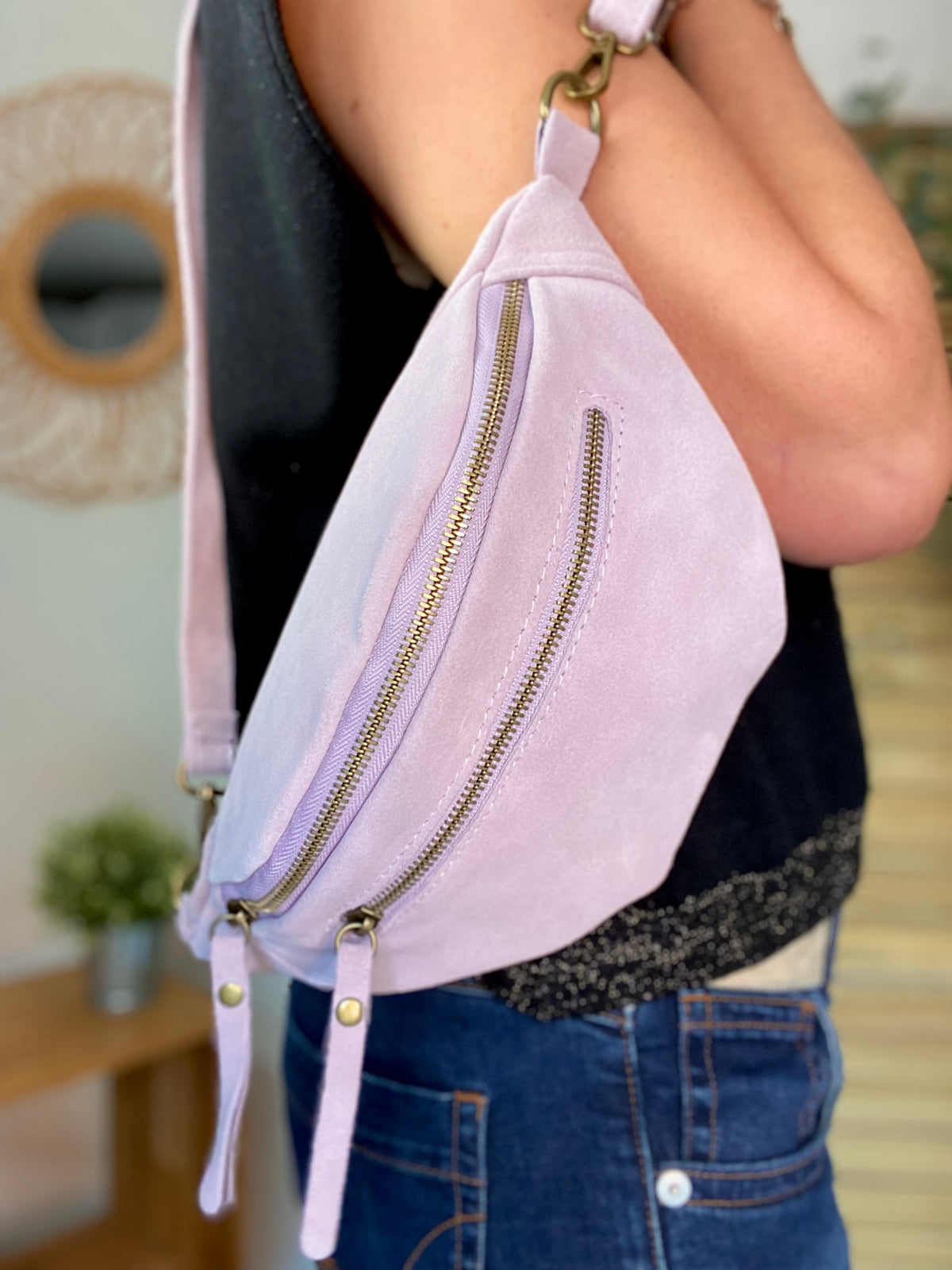 Sac banane double poche en cuir daim - OPALINE - Lilas