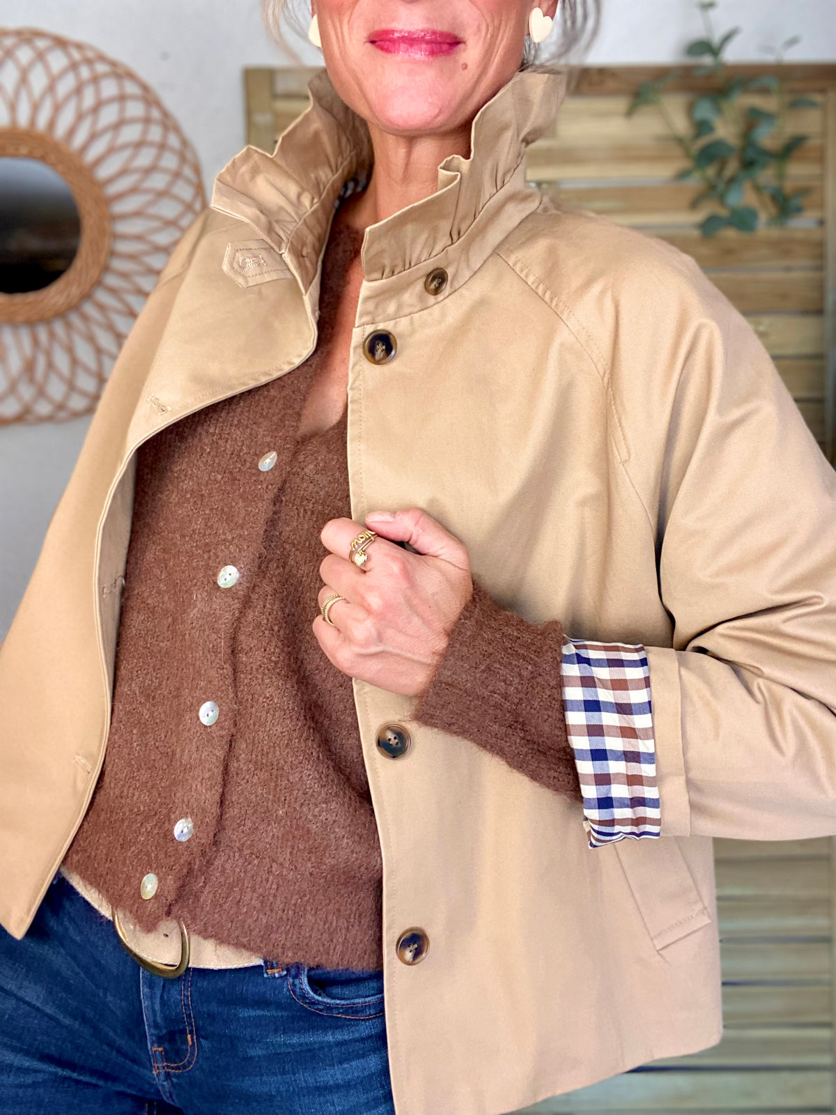 Veste Trench col victorien doublure carreaux - VICTORIA Beige Taupe