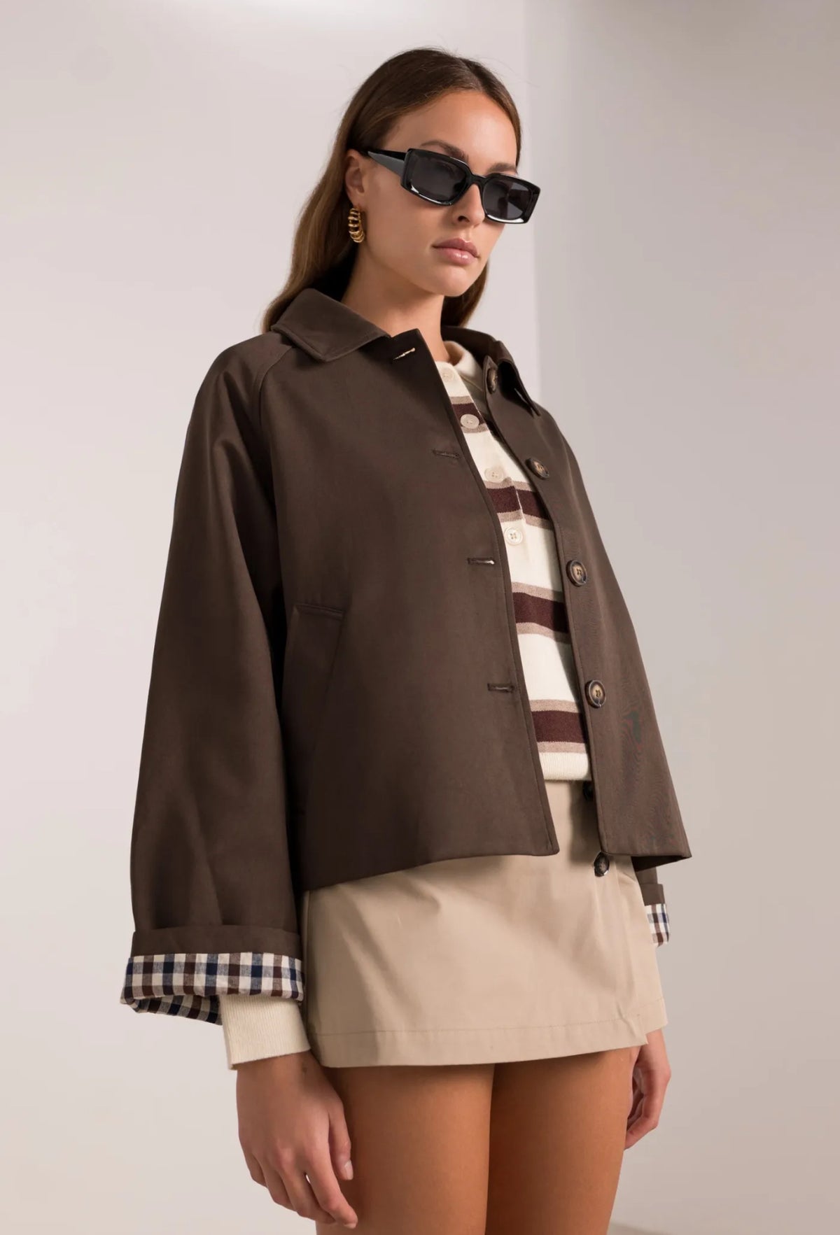 Veste Trench en coton, revers carreaux - YSEULT court Chocolat