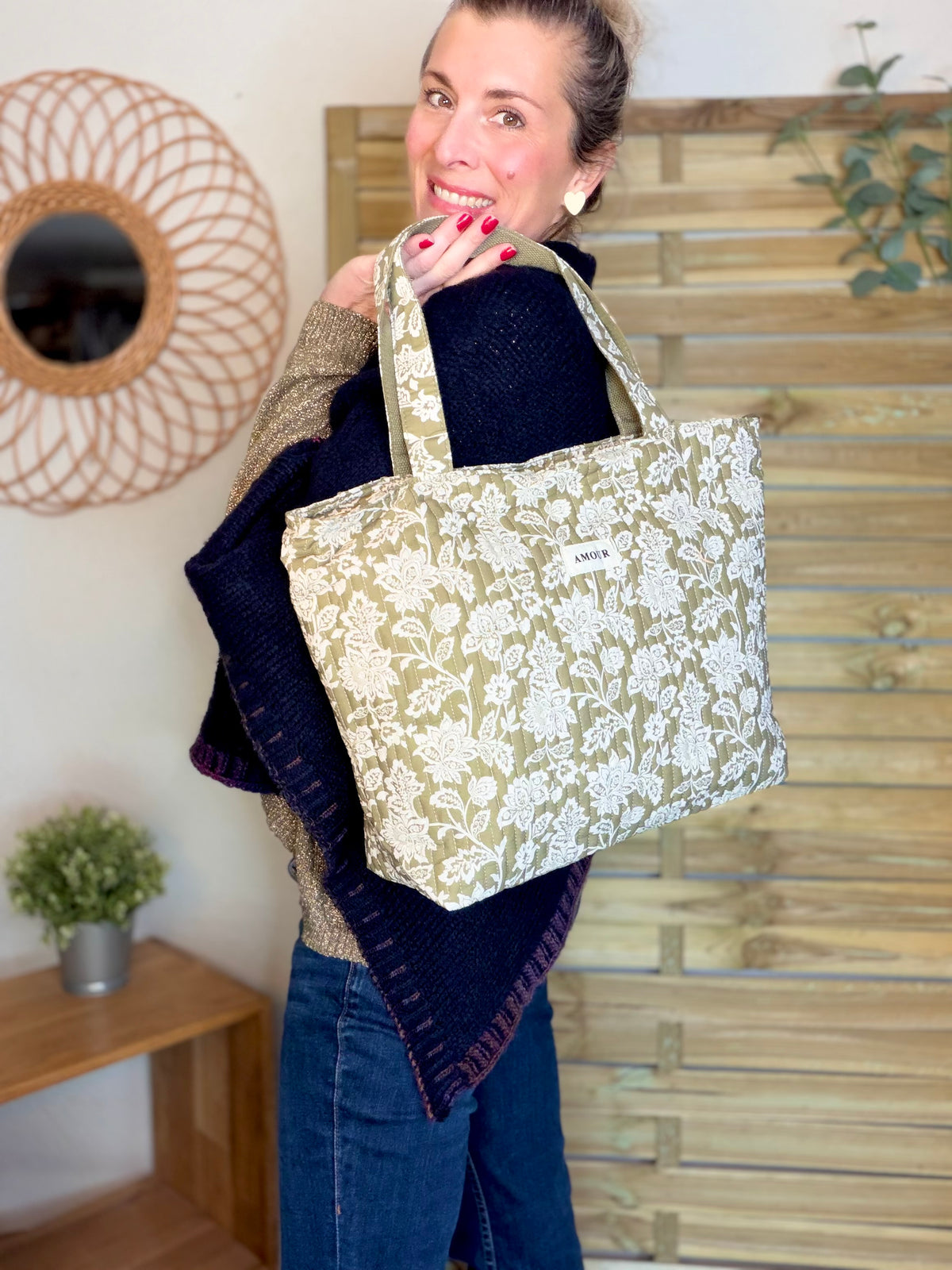 Sac cabas imprimé PIERCE - fleuri Kaki - FIN DE SÉRIE