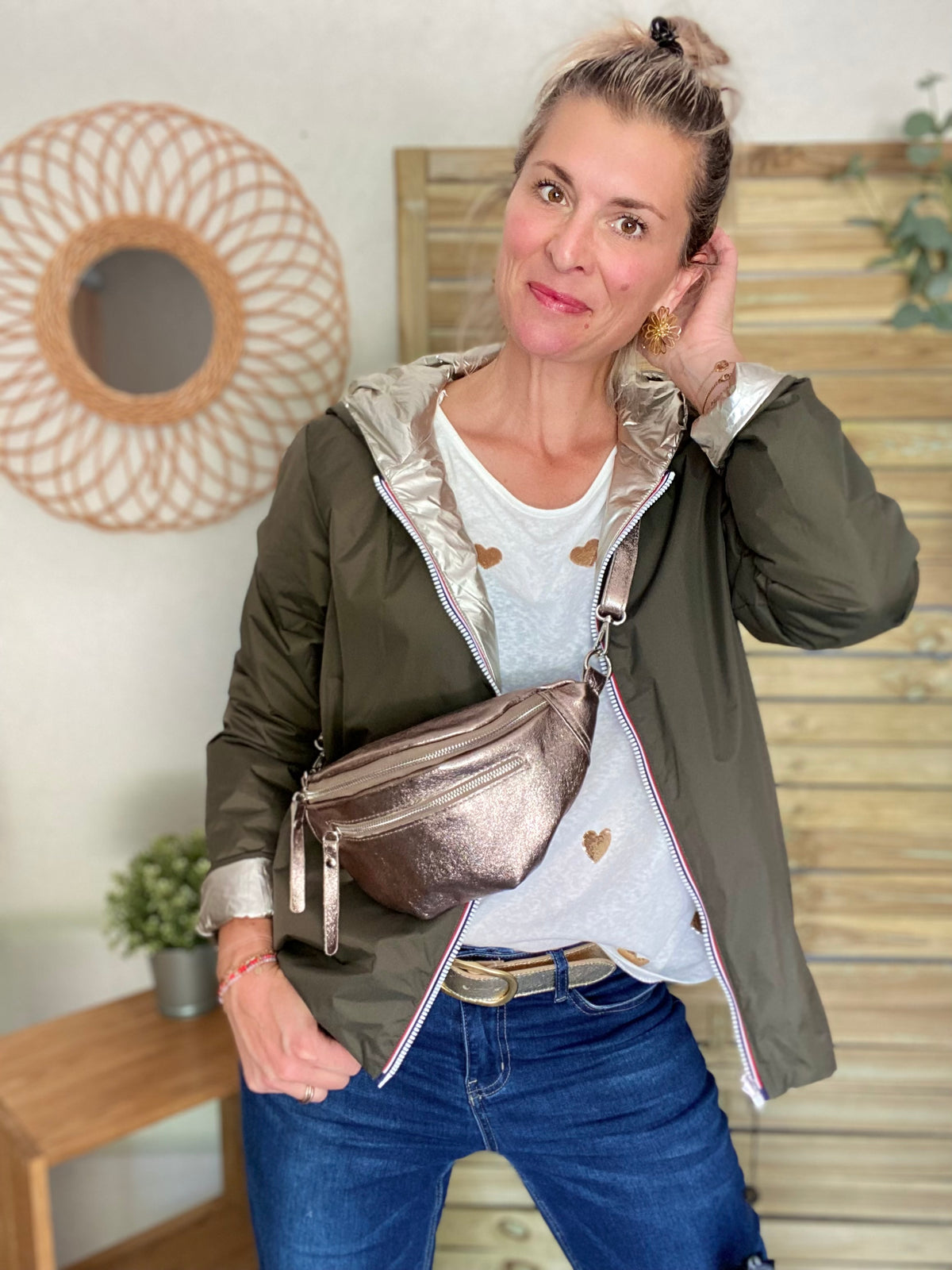 Sac banane en cuir irisé double poche - OPALE - Bronze / argent