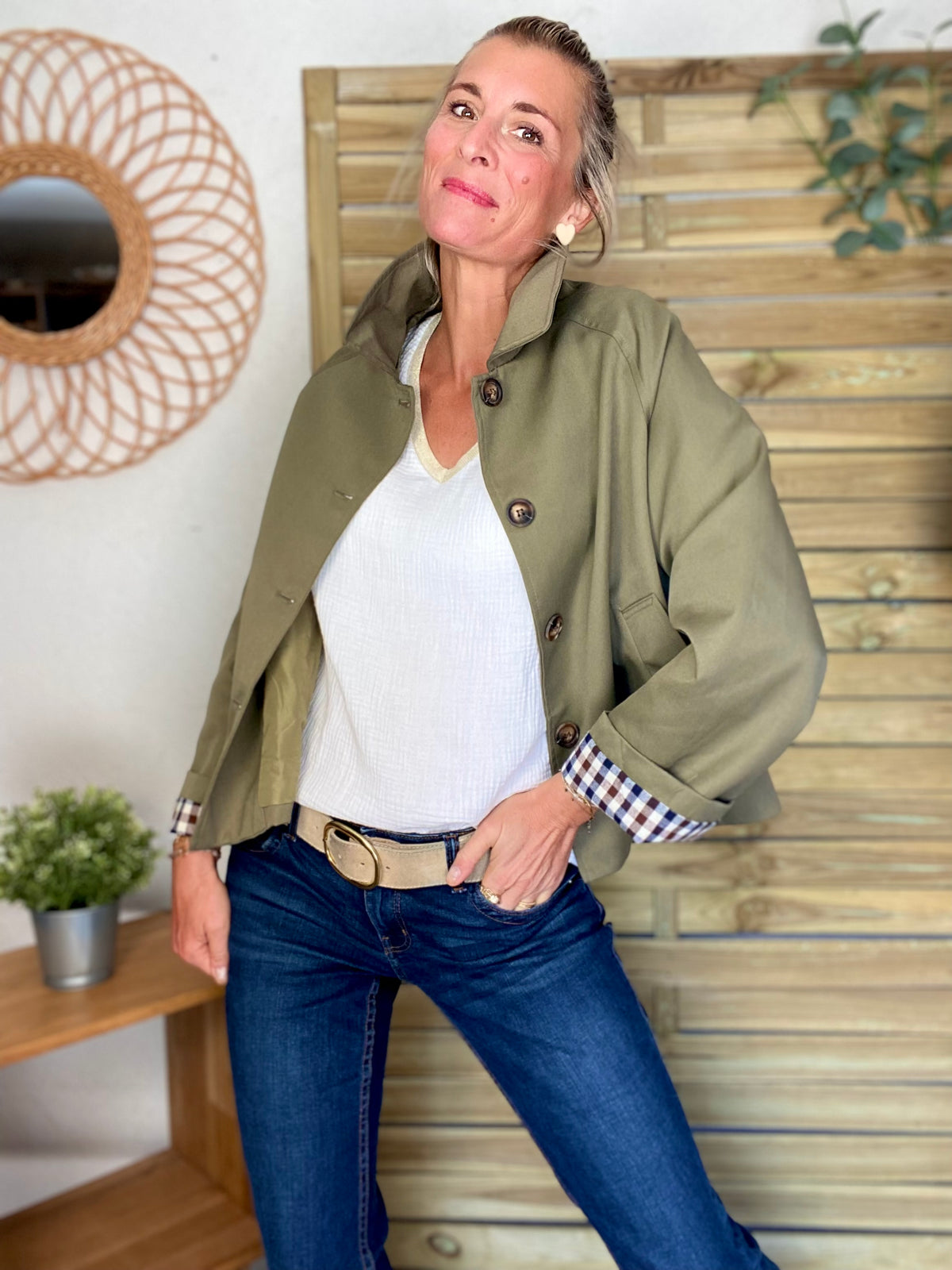 Veste Trench en coton, revers carreaux - YSEULT court Kaki