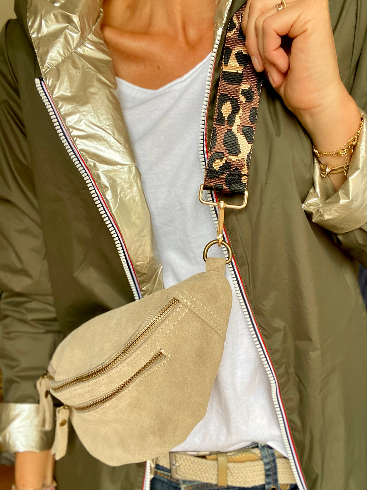 Sac banane double poche en cuir daim - OPALINE - Beige