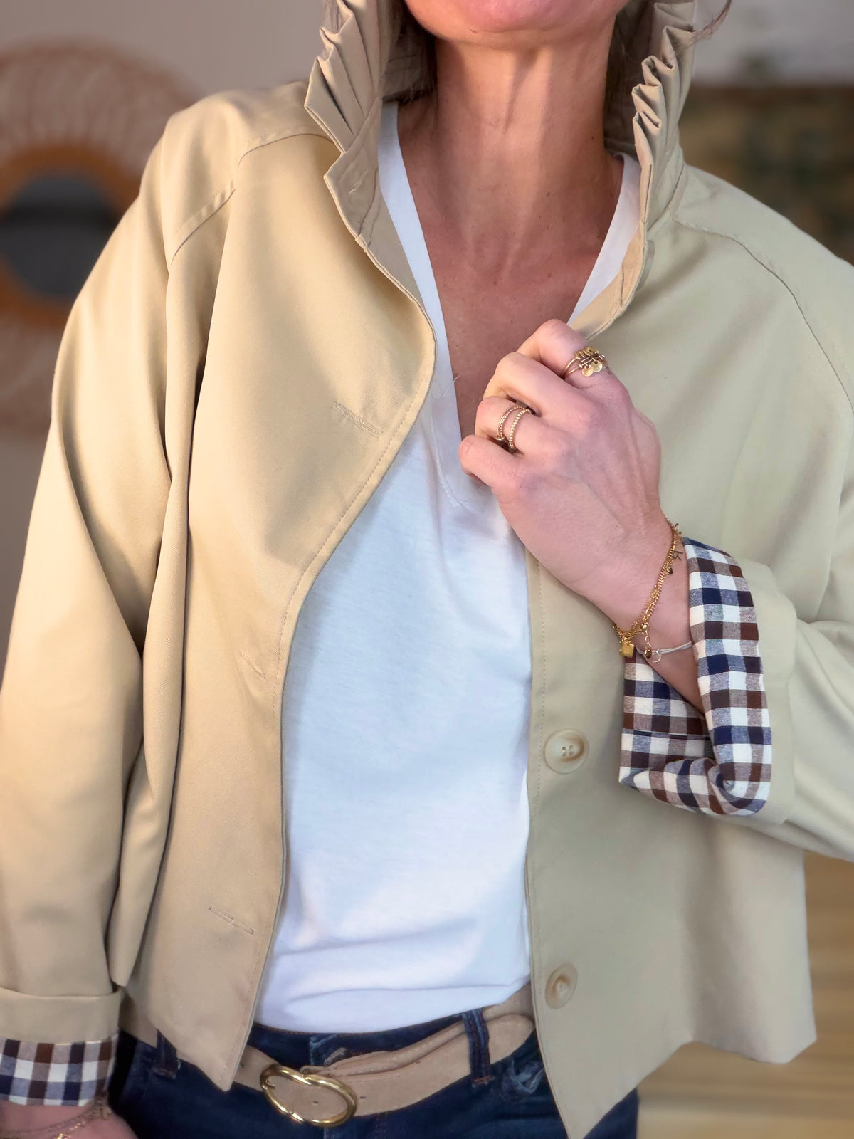 Veste Trench col victorien, revers carreaux - VICKY Beige