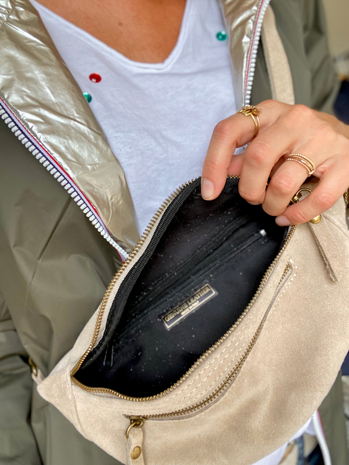 Sac banane double poche en cuir daim - OPALINE - Beige