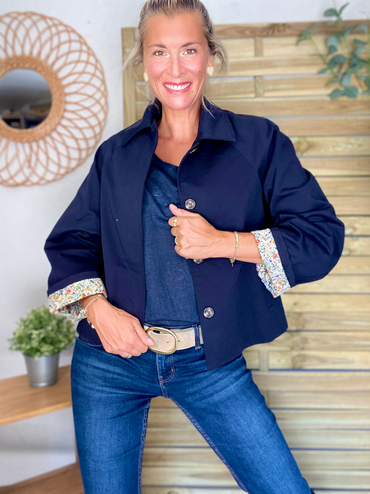 Veste Trench en coton bleu marine avec Liberty - MAHAUT- LILI et LALA