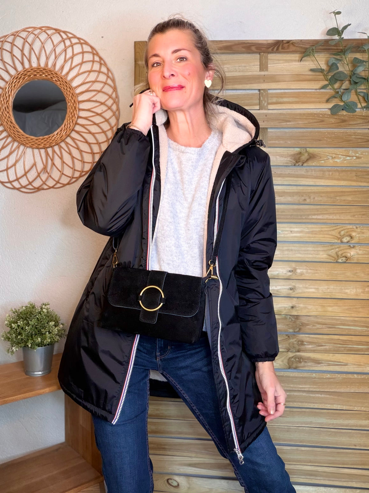 LAURA JO - Parka Imperméable LOUISE LONG Sherpa écru - Noir • DÉSTOCKAGE sur Taille L