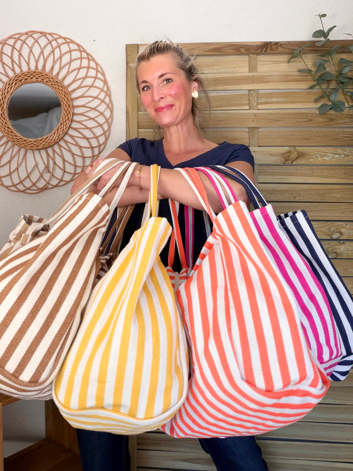 Sac cabas rayé avec fermeture zippée PAULA Orange