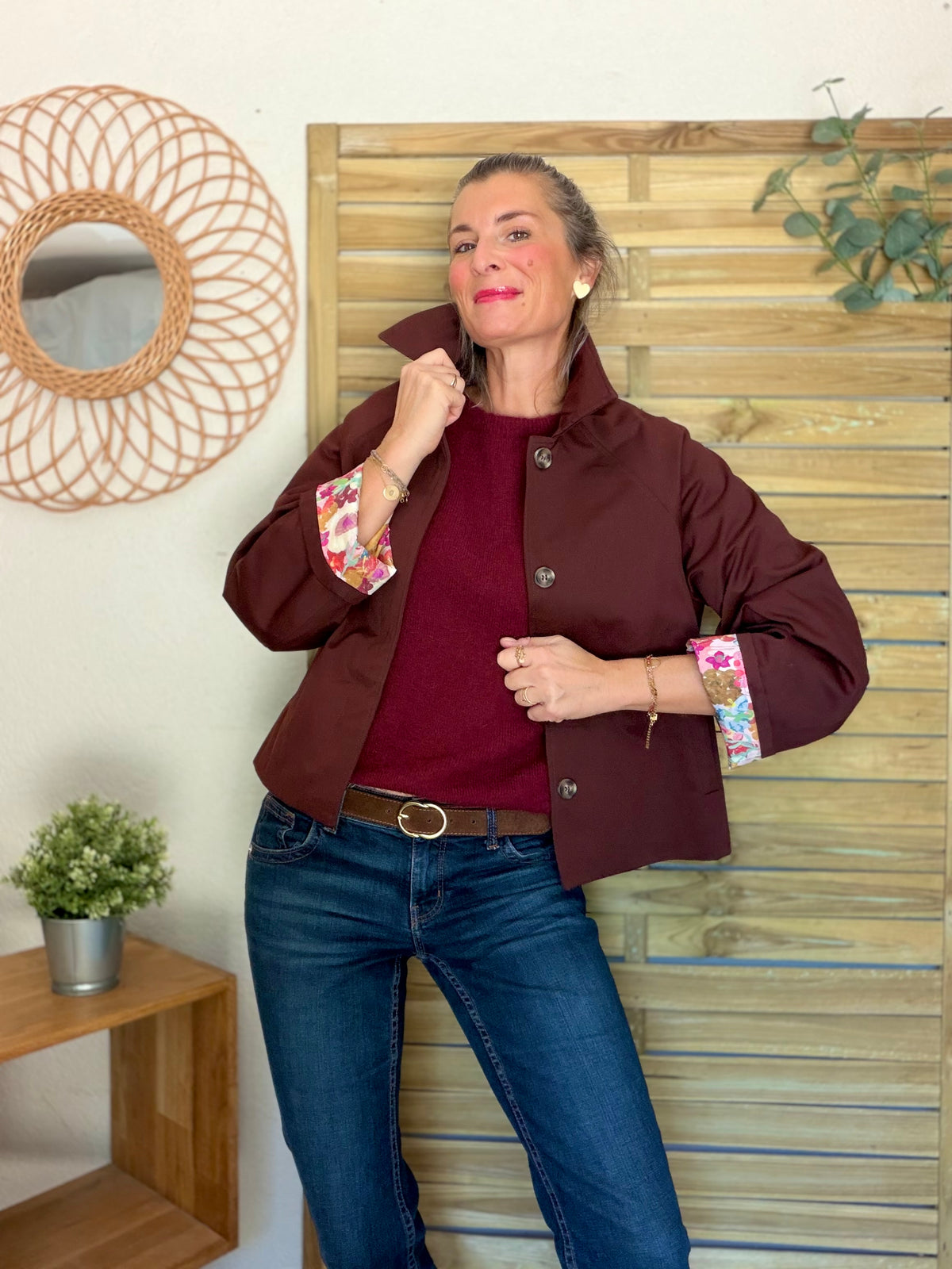 Veste Trench en coton Bordeaux fleuri - MAHAUT - LILI et LALA