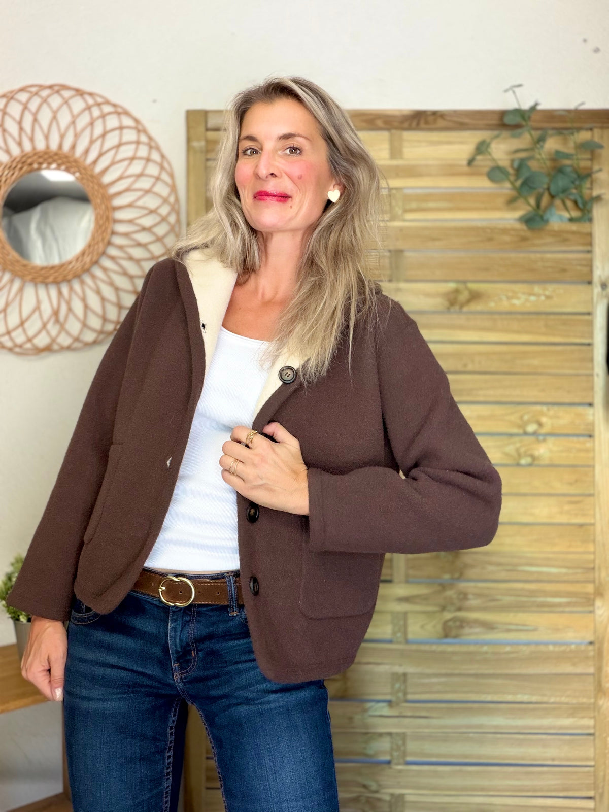 Veste / Gilet chaud réversible avec capuche ORIANE Choco / Beige