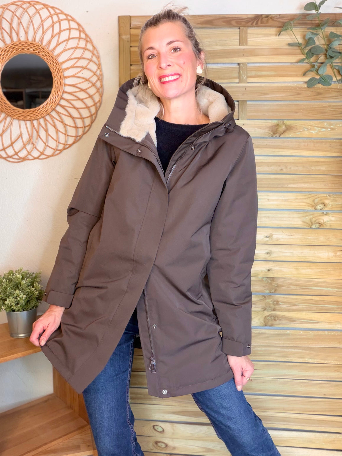 LAURA JO - Parka fourrée imperméable AMBRE LONG - Chocolat / Beige