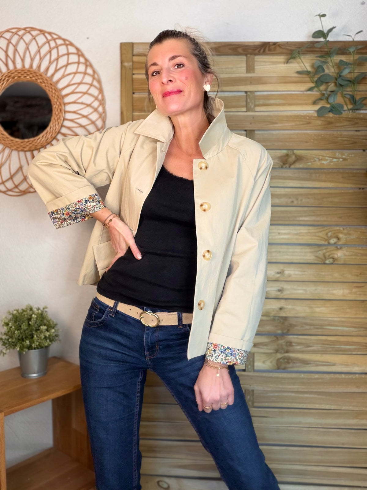 Veste Trench en coton beige avec Liberty - MARION (Taille 2 ans à la Taille XL)