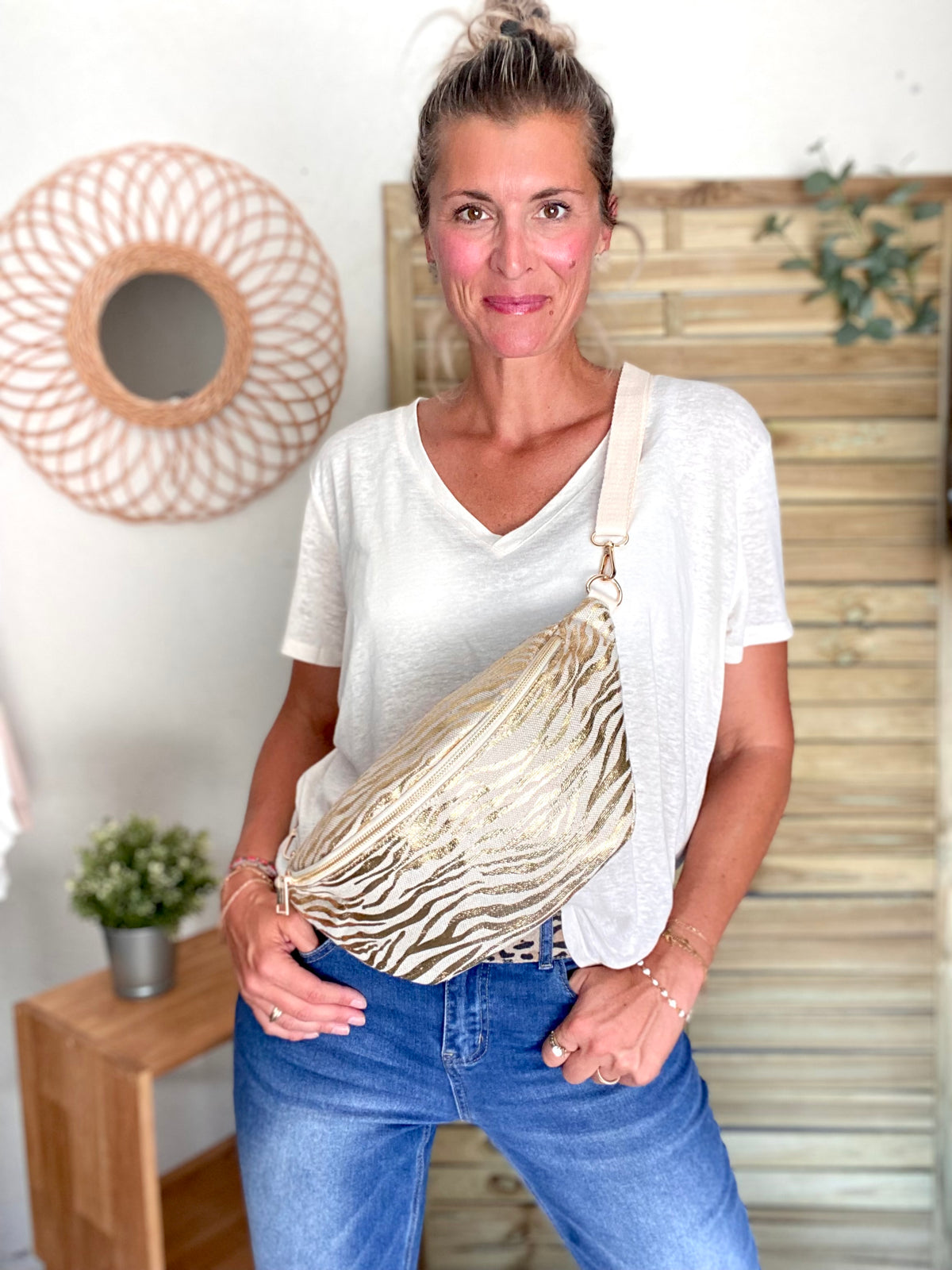 Sac banane XL en toile zebrée doré - KATE