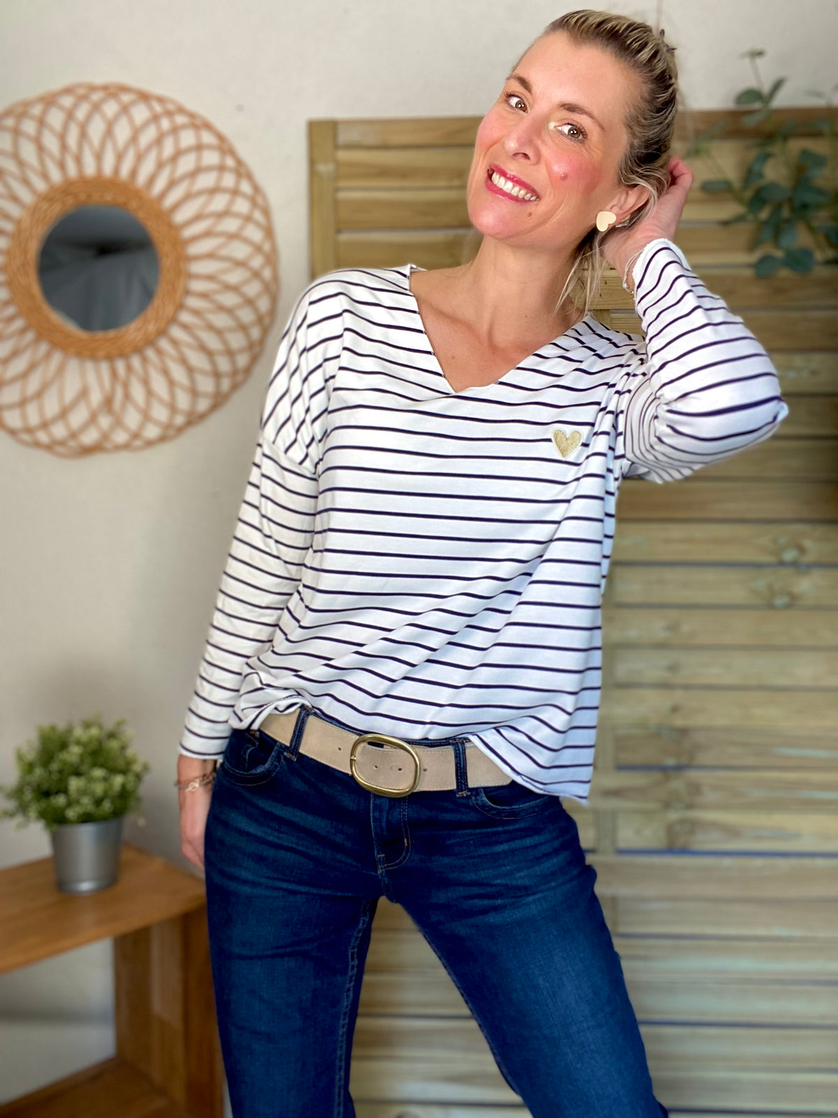 Pull fin rayé col V avec ou sans coeur doré 💛 NOLWENN - Bleu marine