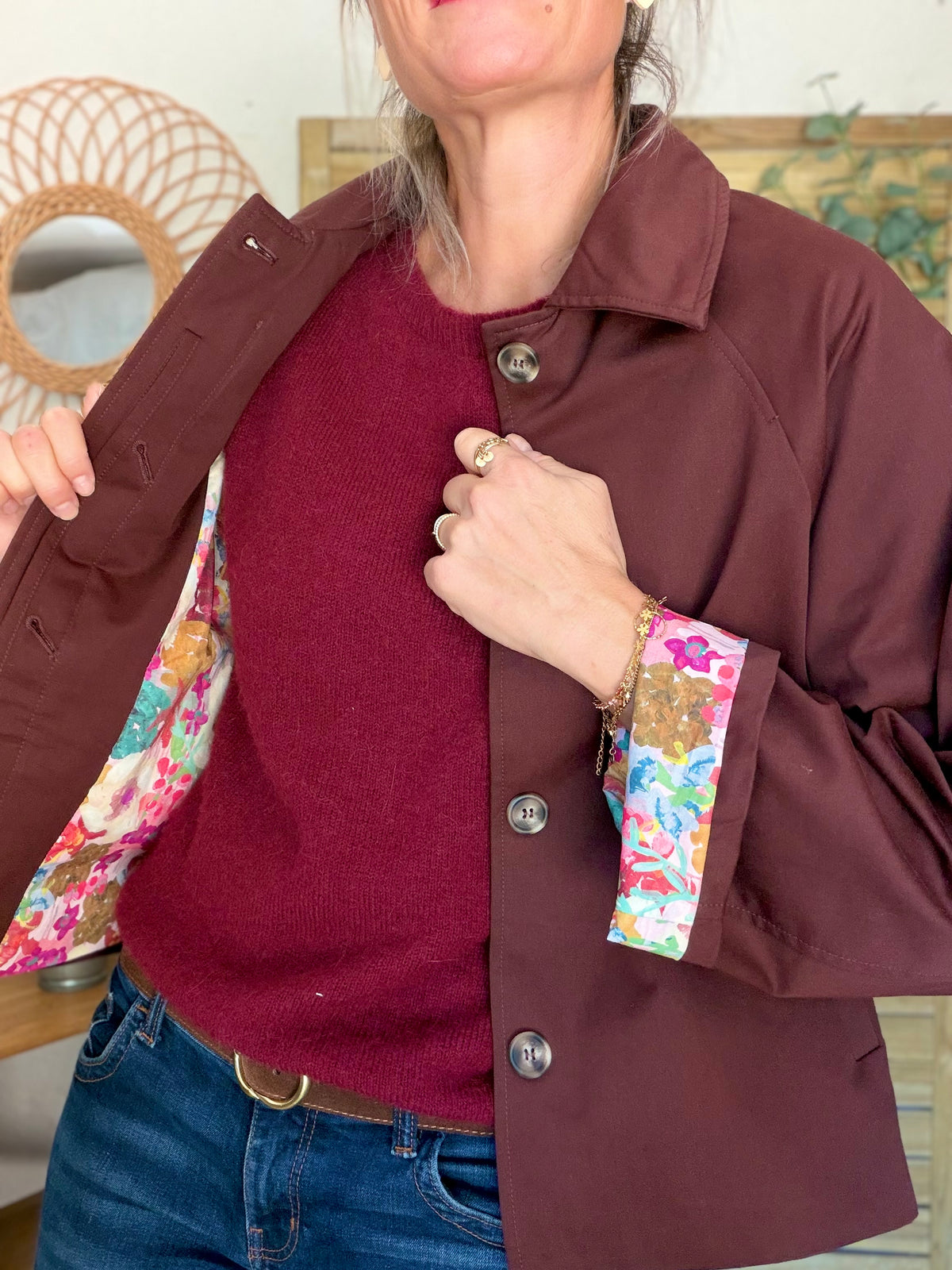 Veste Trench en coton Bordeaux fleuri - MAHAUT - LILI et LALA