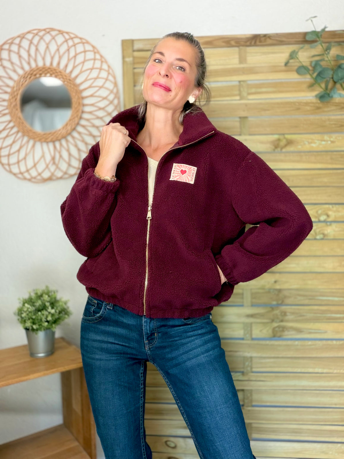 ⚡️ARRIVAGE • Veste teddy Sherpa zippée « Soleil » DORO Bordeaux