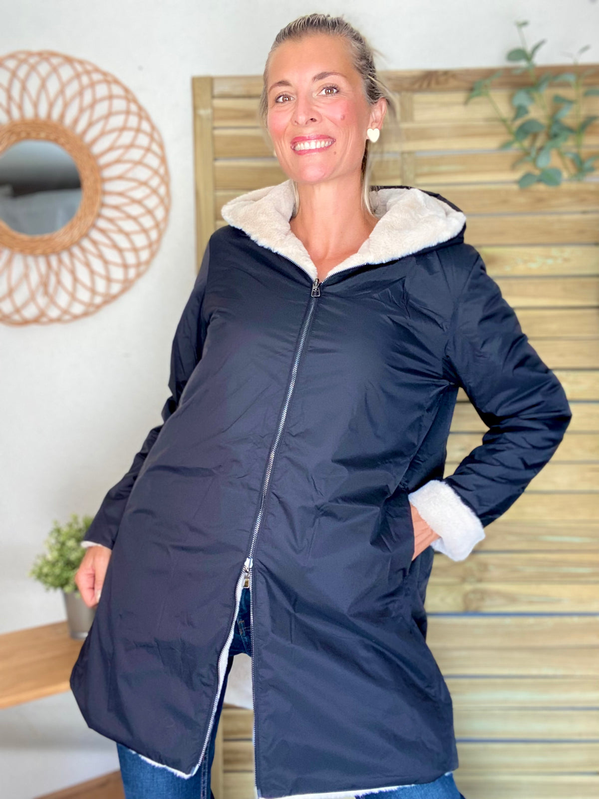 LAURA JO - Parka Imperméable réversible fourrée Noir / Beige ALIX long